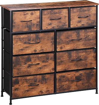 Dresser for Bedroom 9-Drawer Organizer Storage Drawers,Steel Frame & Wooden Top, Tall Chest of Drawers w/Fabric Bins for Closet, Living Room, Hallway