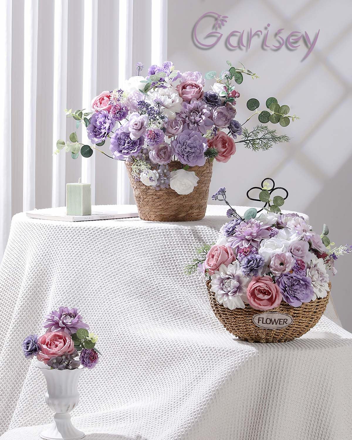 Garisey Künstliche Blumen Kombi-Box Set für DIY Hochzeit Blumenstrauß Arrangements Brautdusche Party Home Dekorationen (Weiß Lila Pfingstrose)