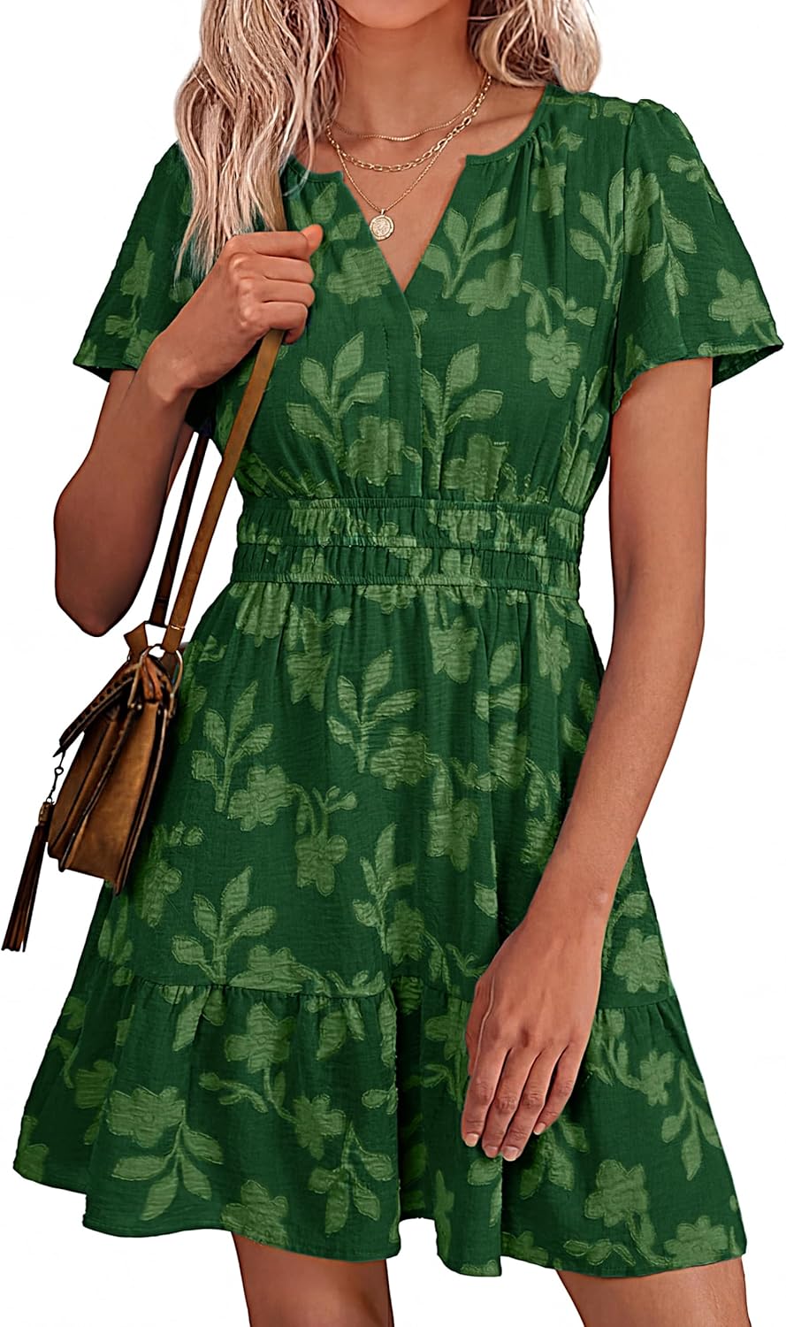 Simplee Womens Summer Floral Dress Casual Short Sleeve V Neck Empire Waist Boho Flowy A Line Mini Wedding Guest Dresses