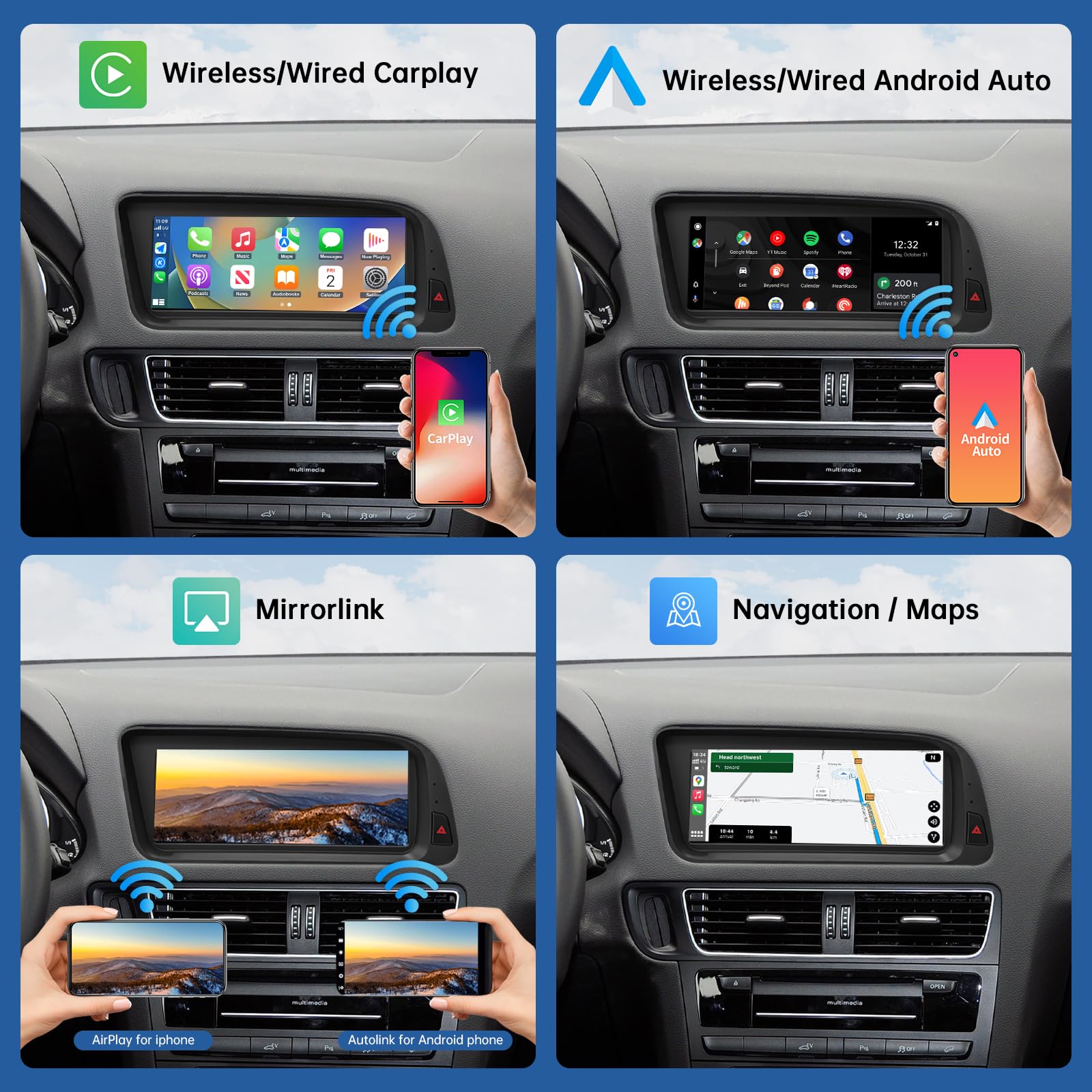 Road Top 8,9 cala Bezprzewodowy ekran dotykowy radia samochodowego CarPlay dla Audi Q5 2009-2017 rok z 3GMMI, multimedialny ekran stereo radia samochodowego, obsługa bezprzewodowego Android Auto