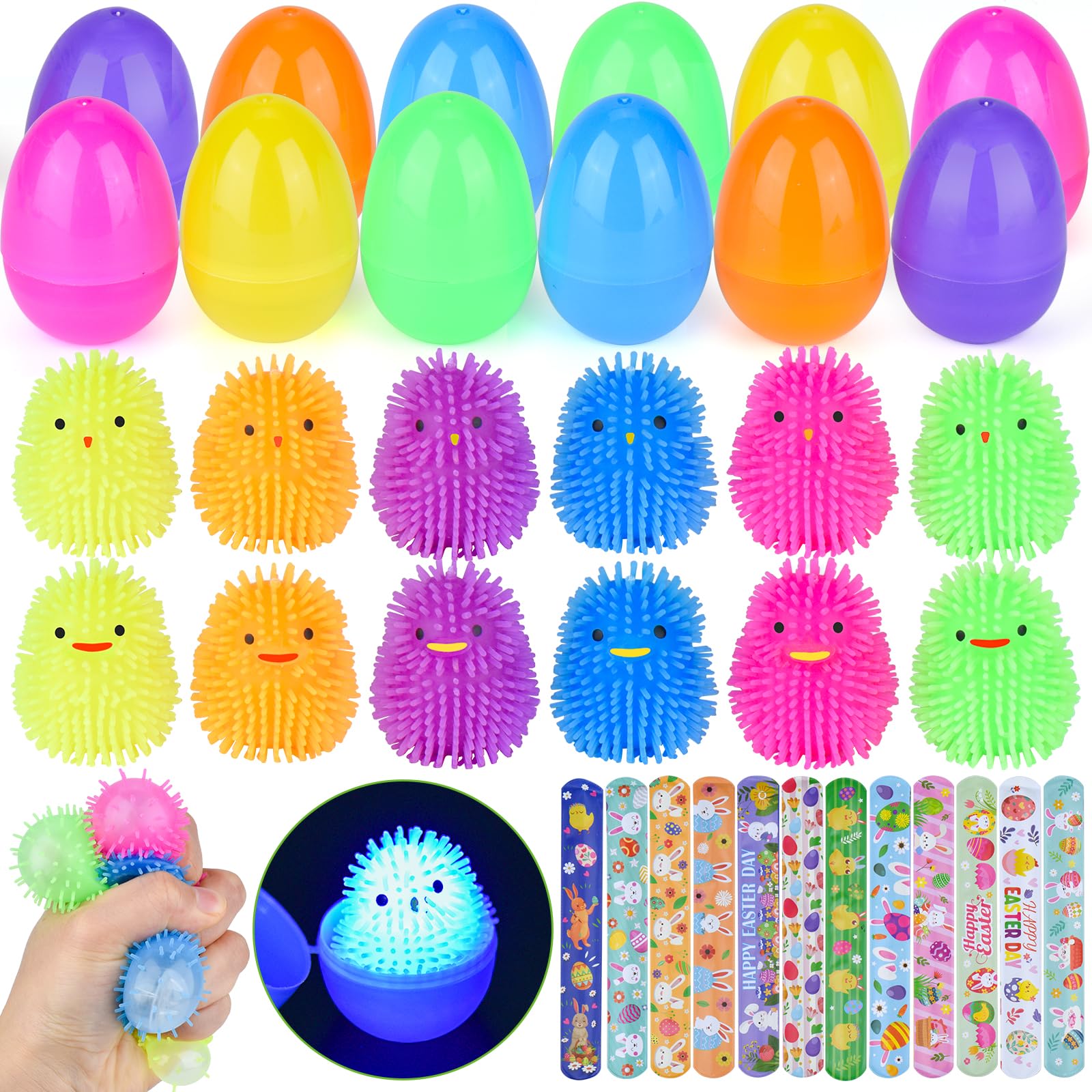 Photo 1 of 12Pcs Easter Eggs Filled Multicolored LED Chicks & Ducks Puffer Balls Squeeze Toys,Stress Relief Fidget Toys,Sensory Toys for Kids,Party Favors,Easter Basket Stuffers,Extra Gift with 12 Slap Bracelets