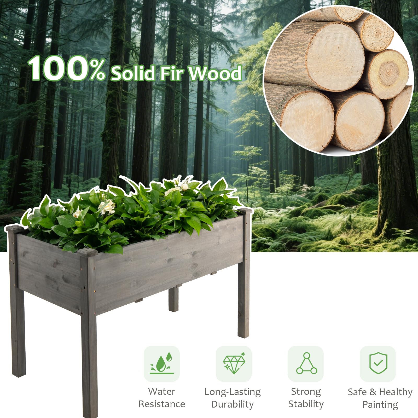 HOMASIS Huerto Urbano de Madera Abeto con Estante, Jardinera Elevada Terraza Exterior con Orificio de Drenaje, Compartimento de Almacenamiento, para Jardín, Balcón (Gris)