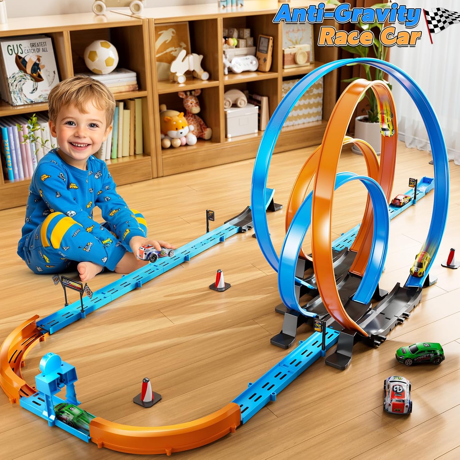 LILYBUDS Toy Car Race Track Set for Boys Kids Age 3-5 4-7, Race Tracks with 4 High-Speed Pull Back Race Cars and Crash Zones, Christmas Halloween Birthdays Gifts Toys for Boys Kids 4-6 8-12 Years Old