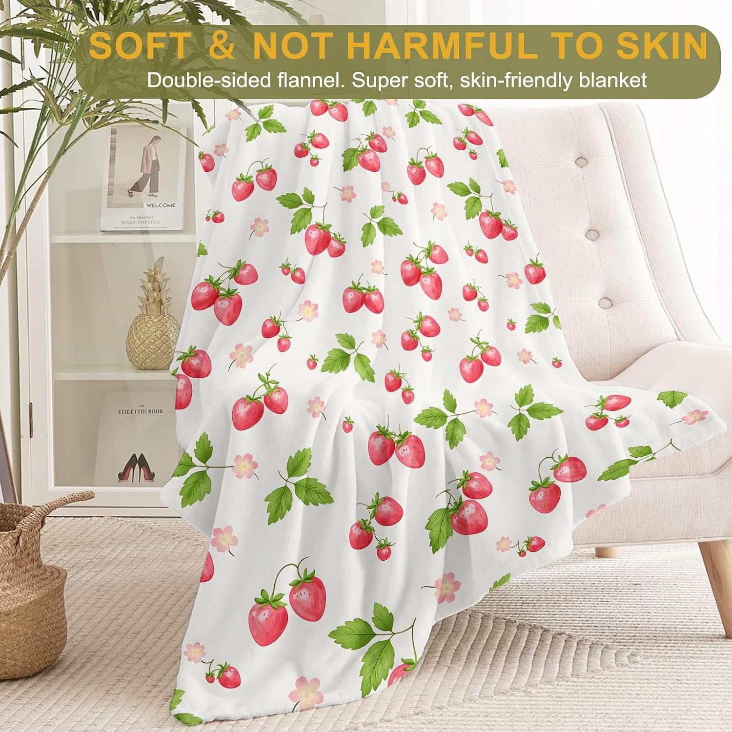Cute Strawberry Fleece Blanket,Bright Fruit and Leaf Blankets,Soft and Warm Sweet Style Decorative Throws for Sofa,Dorm,Cabin,Camping,Lightweight Throw Gifts for Teens Girls Women 50”x60”