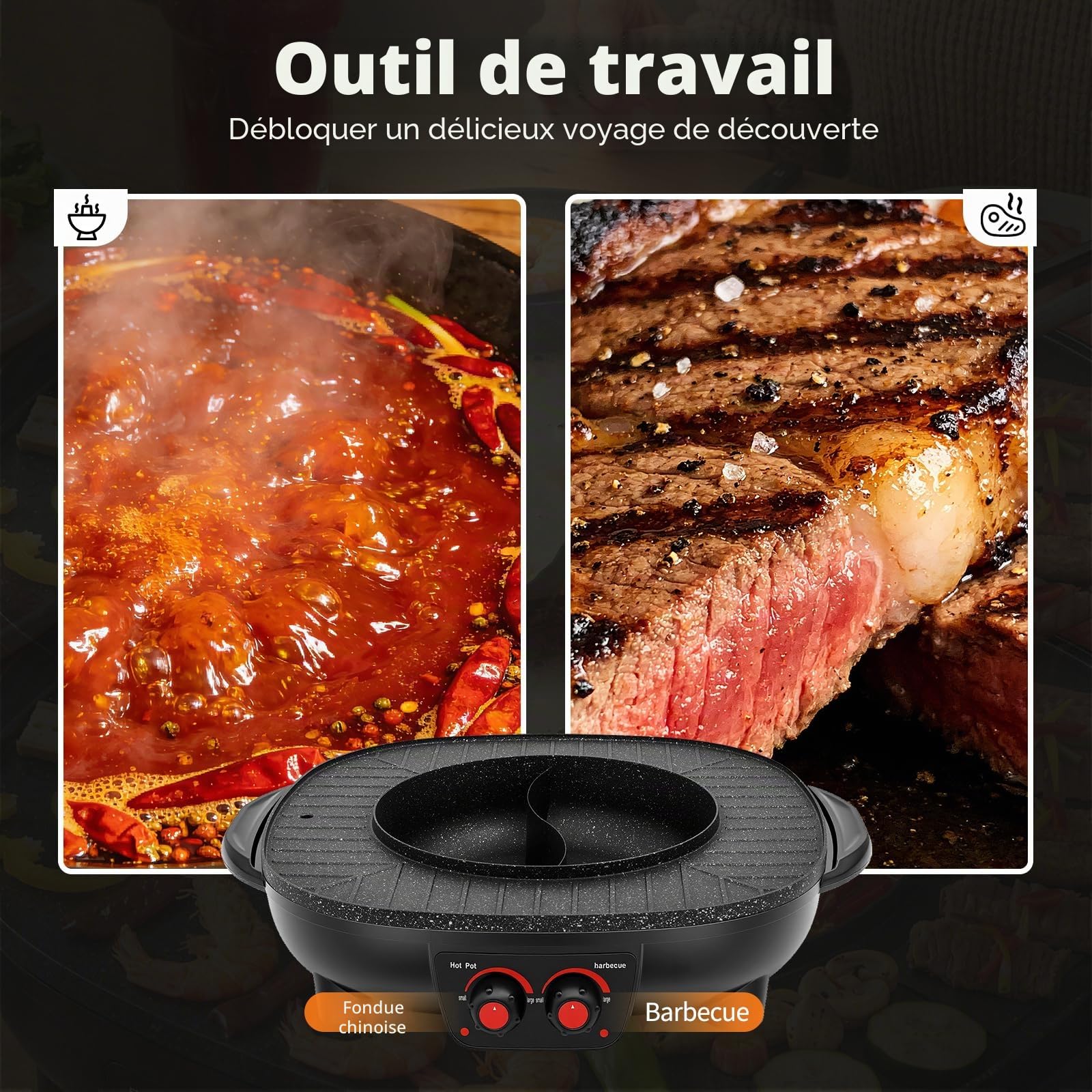 Appareil à fondue chinoise avec grill 2 en 1, Appareil À Fondue Électrique avec Grill 4000W, Hot Pot Chinois 2 en 1 Barbecue Coréen de Table, Marmite Multifonction 5-6 Personnes 26cm