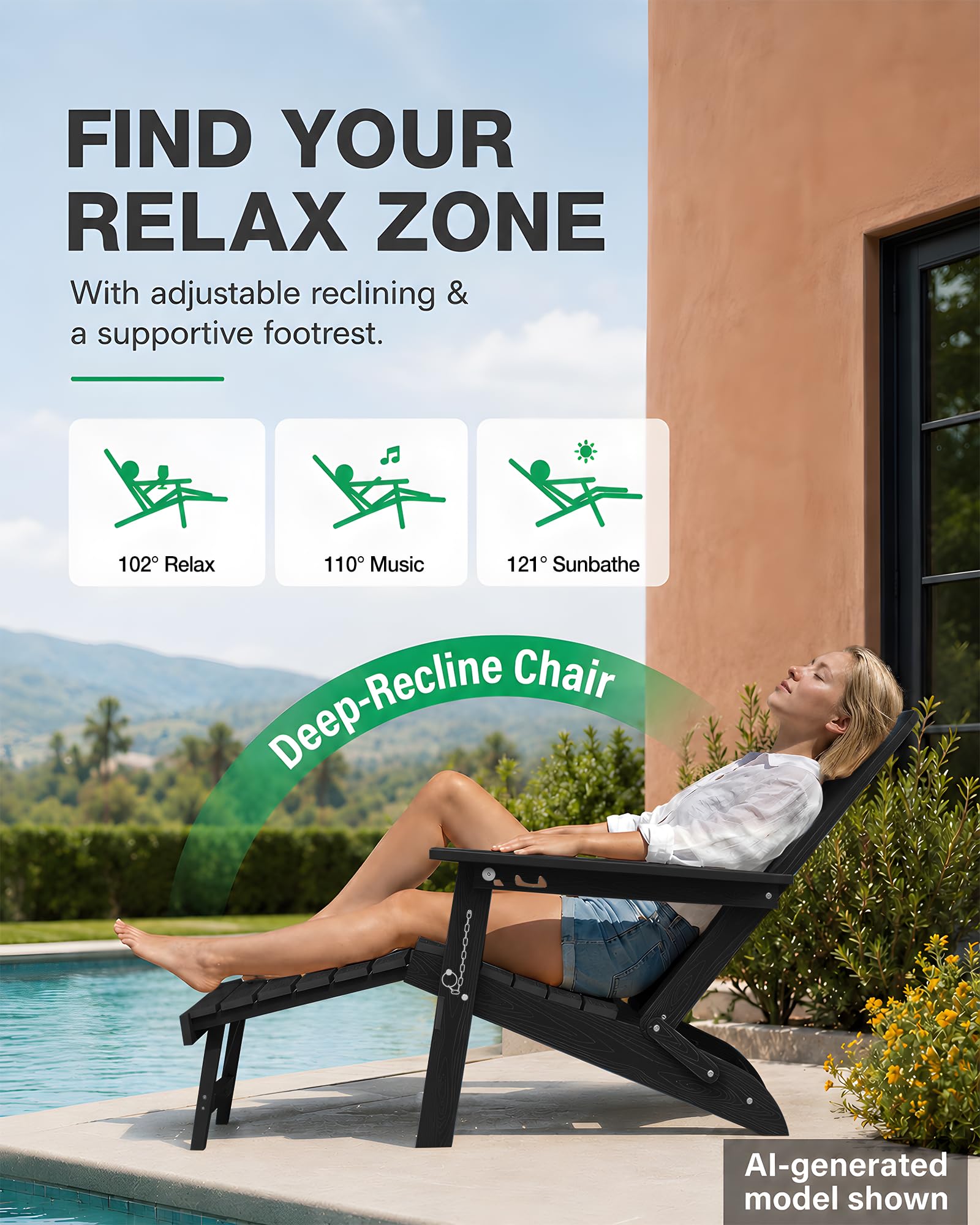 MXIMU Adirondack Stuhl Klappbar für Garten: Adirondack Chair Kunststoff mit Fußstütze & 3-Fach Verstellbarer Rückenlehne - Wetterfest HDPE Outdoor Stuhl für Balkon/Terrasse/Pool/Beach(Schwarz)