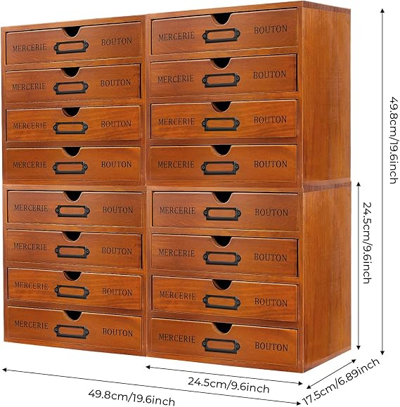 16-Drawer Wooden Desk Organizer, Vintage Desktop Drawer Box Rustic Stackable Craft Storage Drawers Multi Level Countertop Storage Organizer for Home Office