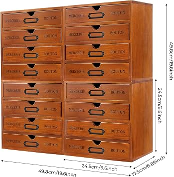 16-Drawer Wooden Desk Organizer, Vintage Desktop Drawer Box Rustic Stackable Craft Storage Drawers Multi Level Countertop Storage Organizer for Home Office