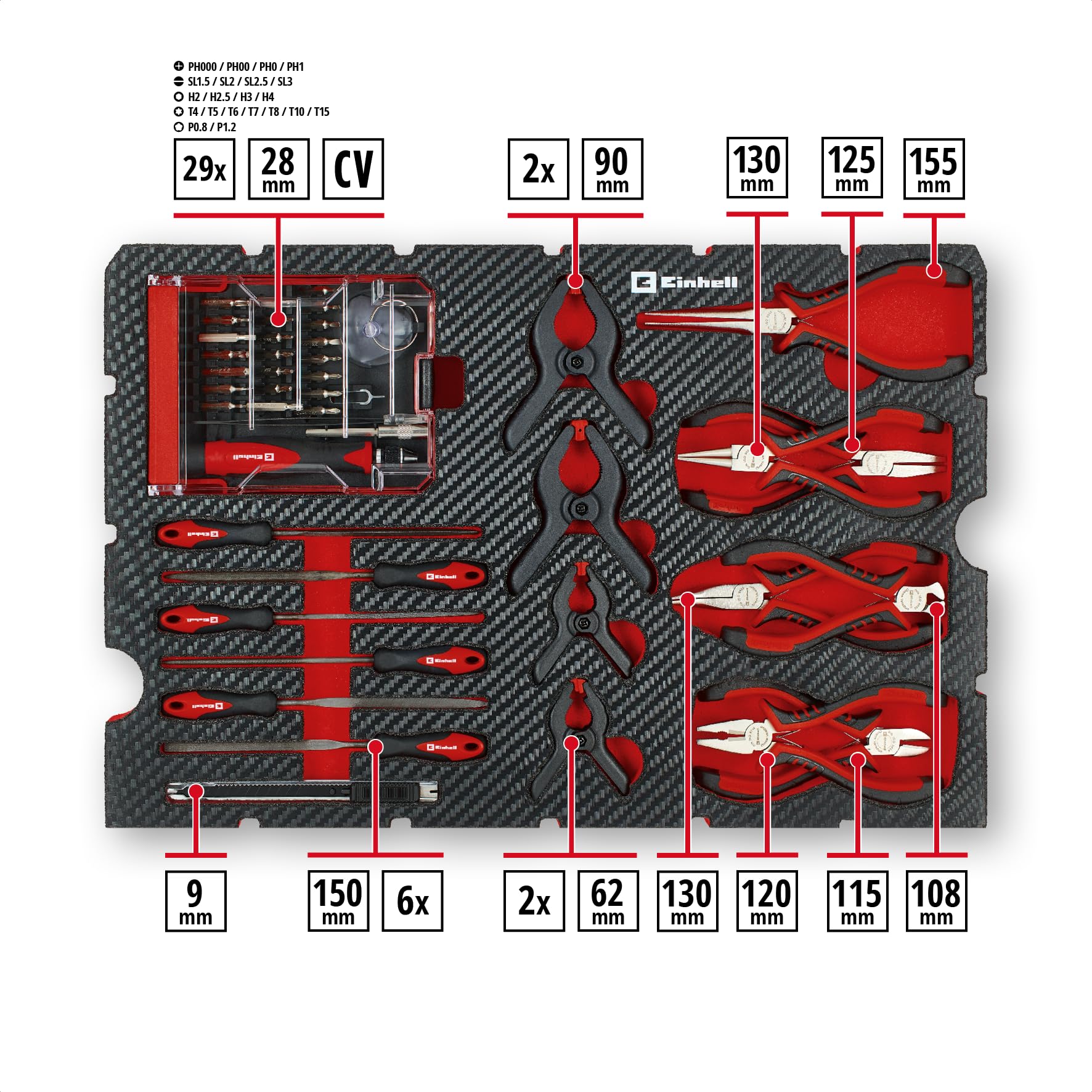 Original Einhell E-Case coffret à outils 153 pièces hobby (DIY, kit réparation électronique, pinces d’électricien, set de cosses de câble, brosse métallique main, limes, serre-joints, coffret système)