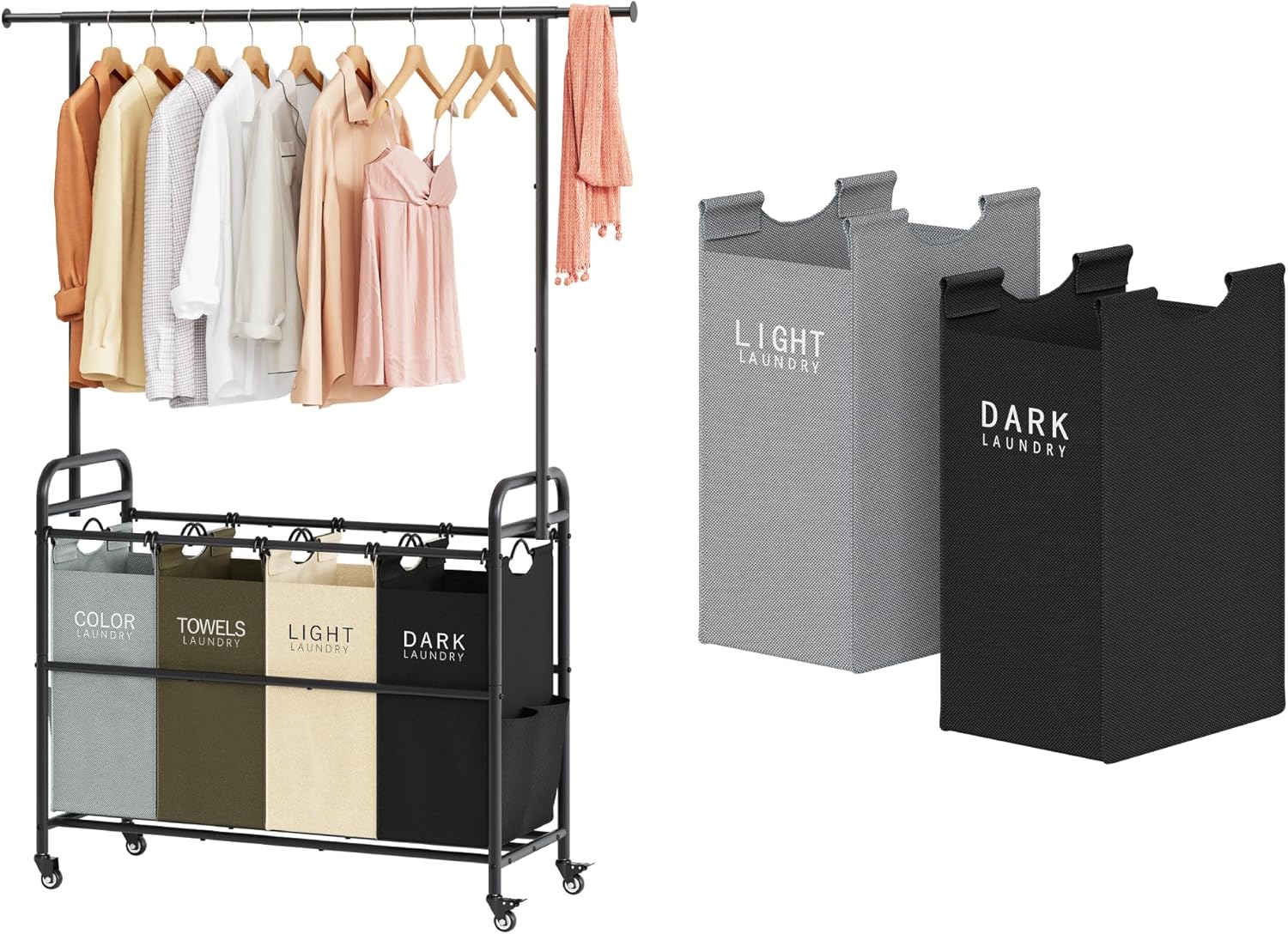 4 Section Laundry Sorter with Hanging Bar Plus 2Pcs Replacement Laundry Bags