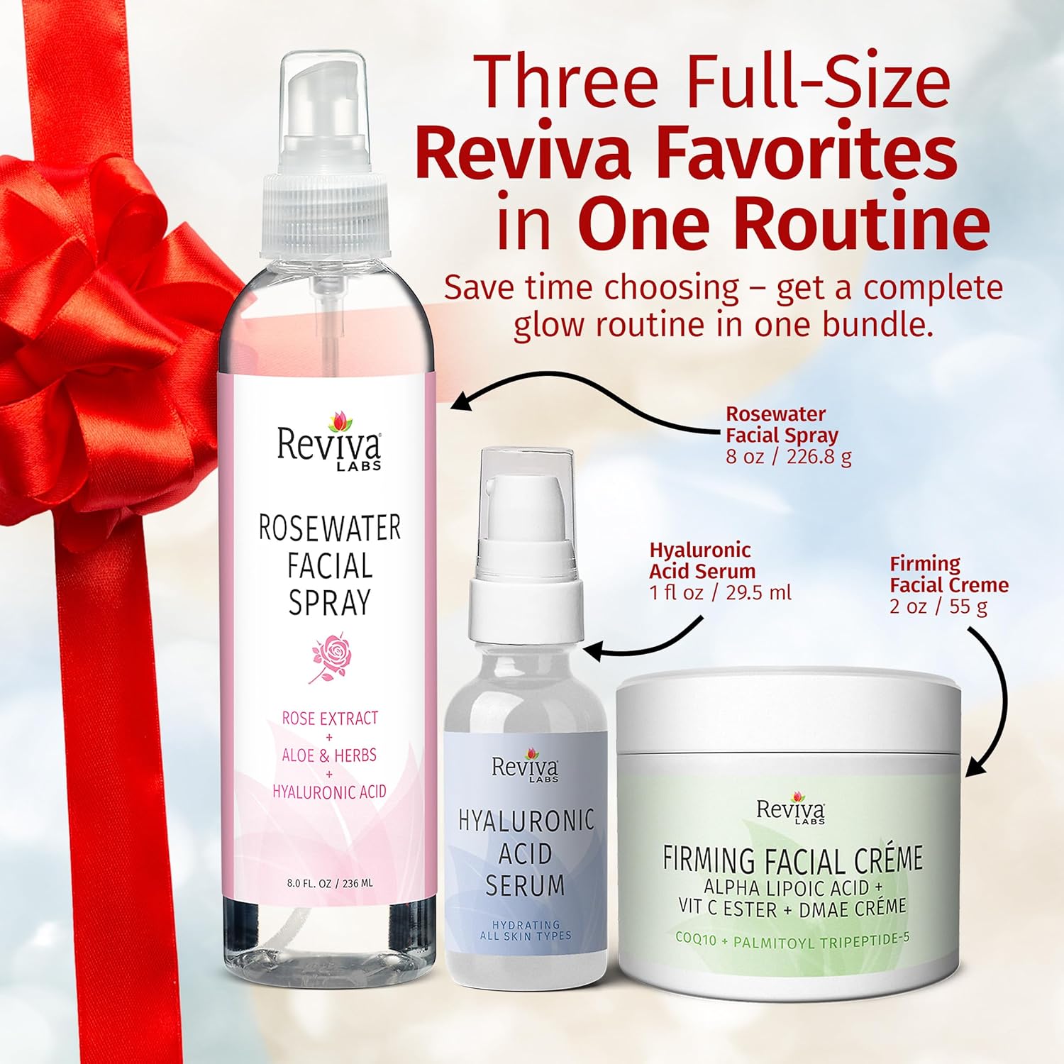 Reviva Labs Holiday Glow Skincare Gift Set – 3-Pc Face Care Kit with Hyaluronic Acid Serum, DMAE Lift & Firm Cream, and Rosewater Face Mist – Hydrating, Moisturizing & Firming Skincare Set for Women - Image 7