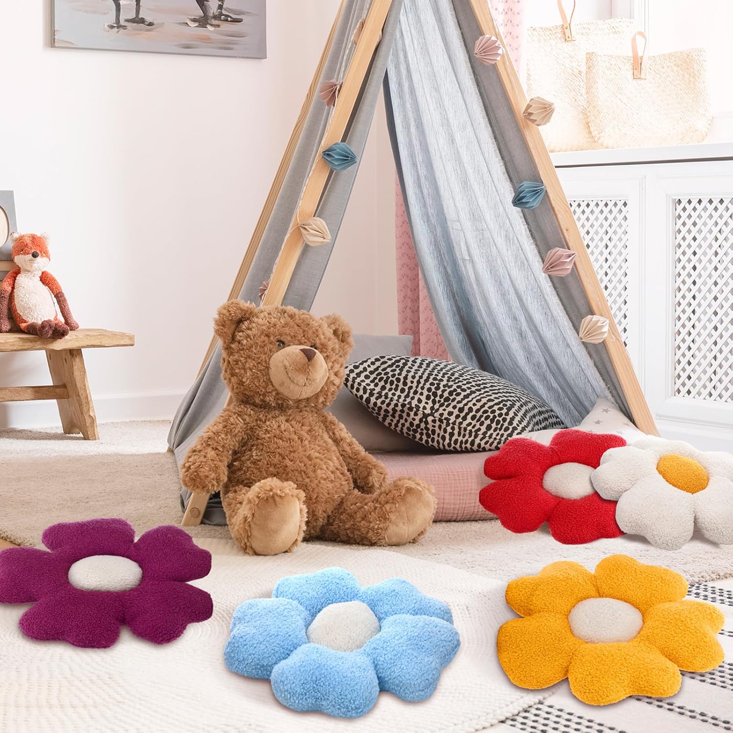 6 Pcs Flower Throw Pillows 15 Inch Teddy Velvet Daisy Seating Cushions Floral Floor Pillows for Christmas Spring Back to School Classroom Reading Room Bed Sofa Couch Decor