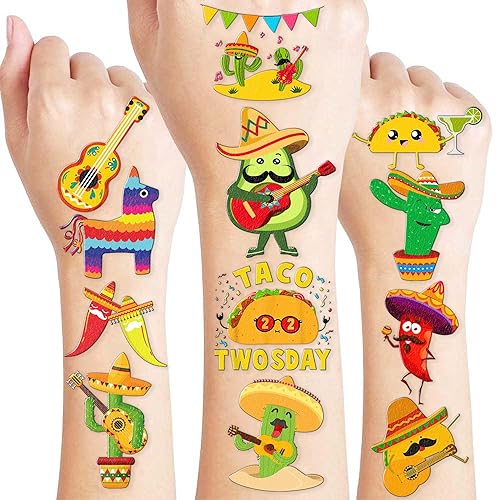 8 hojas (96 piezas) tatuajes temporales mexicanos – Taco Twosday Theme Decoración de fiesta de cumpleaños, recuerdos de fiesta, calcomanías del