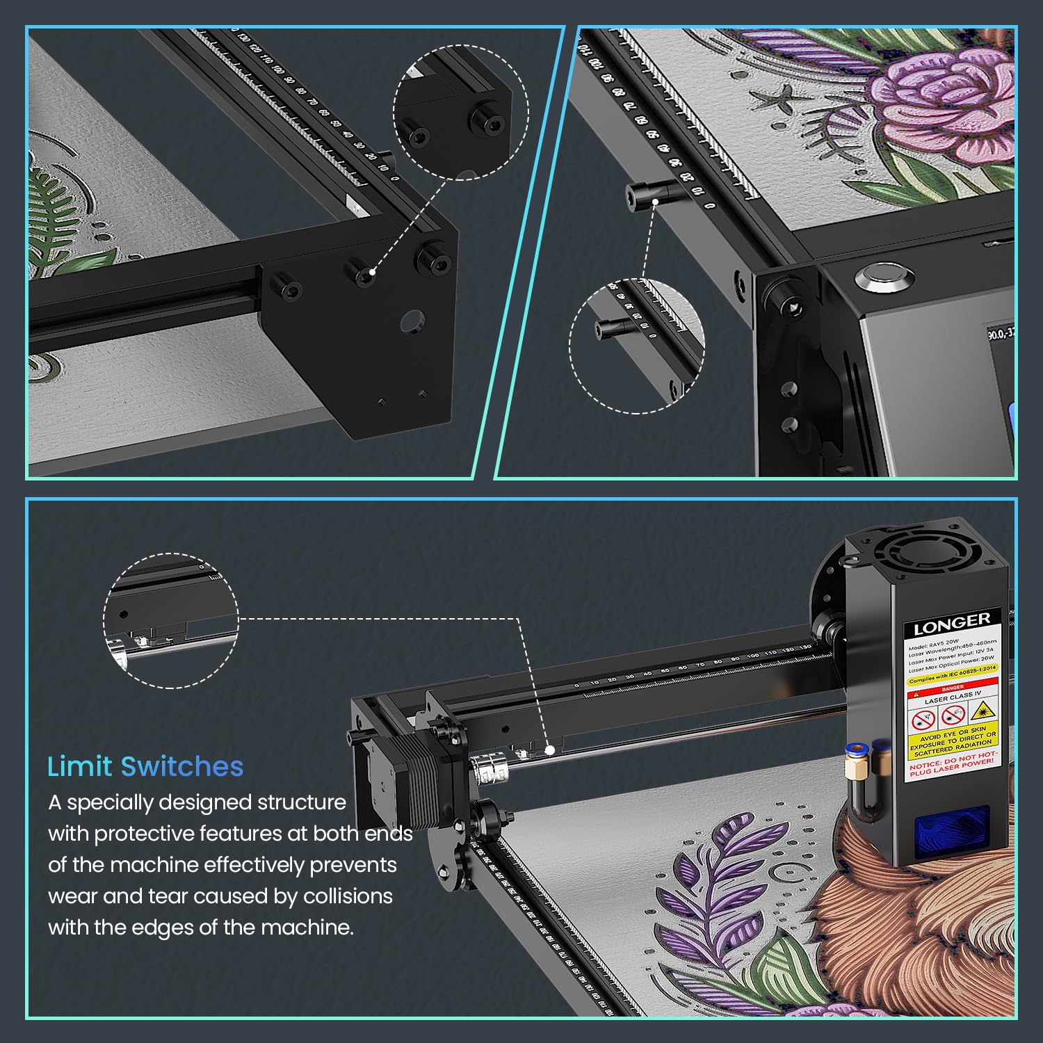 Longer Machine de gravure laser 20 W pour métal/bois/verre, plan de travail 400 x 365 mm, application hors ligne et écran tactile de 3,5 pouces, certifié CE, roulements allemands, lunettes de