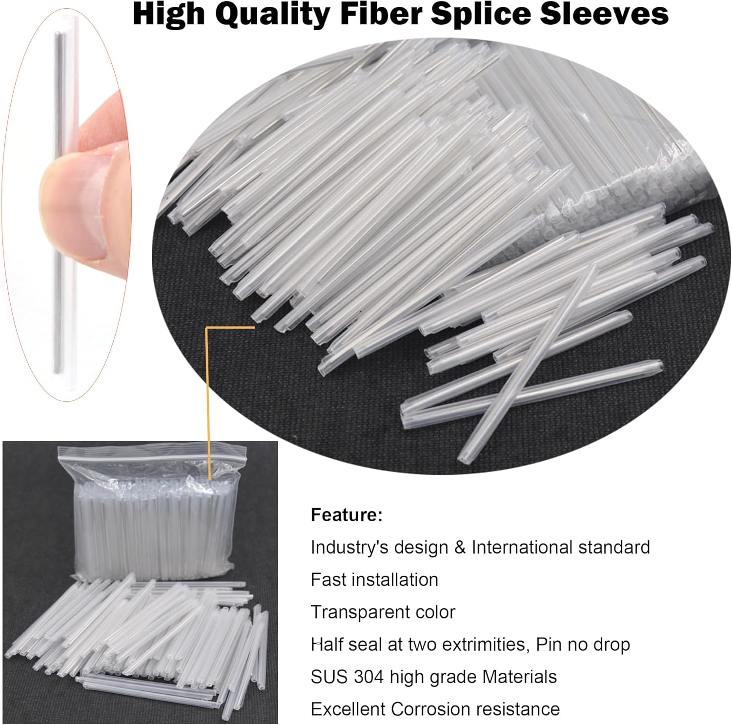 Premium Fiber Optic Fusion Splicing Sleeves Protector Adapter Heat Shrink Tube Clear 1000pcs Per Box 2.5mm Dia After Recovery,60mm (L)