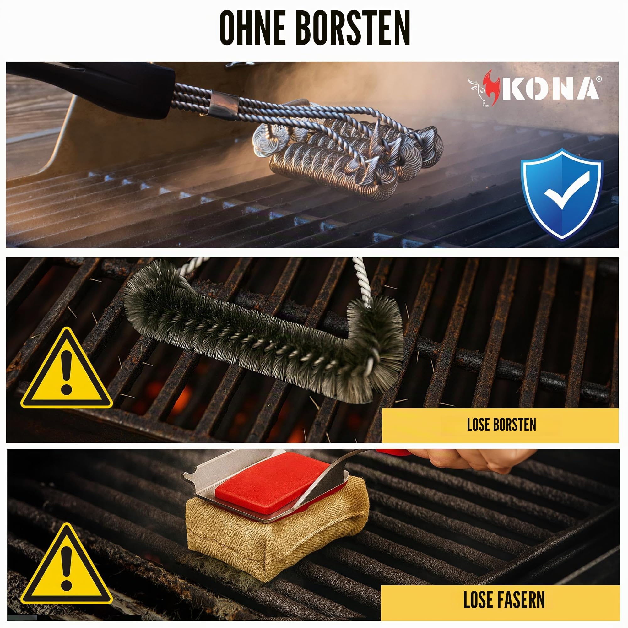 Kona Safe/Clean Grillbürste, borstenfreie Grillbürste, 100% rostbeständiger Edelstahl-Grillreiniger, sicher für Porzellan, Keramik, Stahl, Gusseisen, tolles Grillzubehör