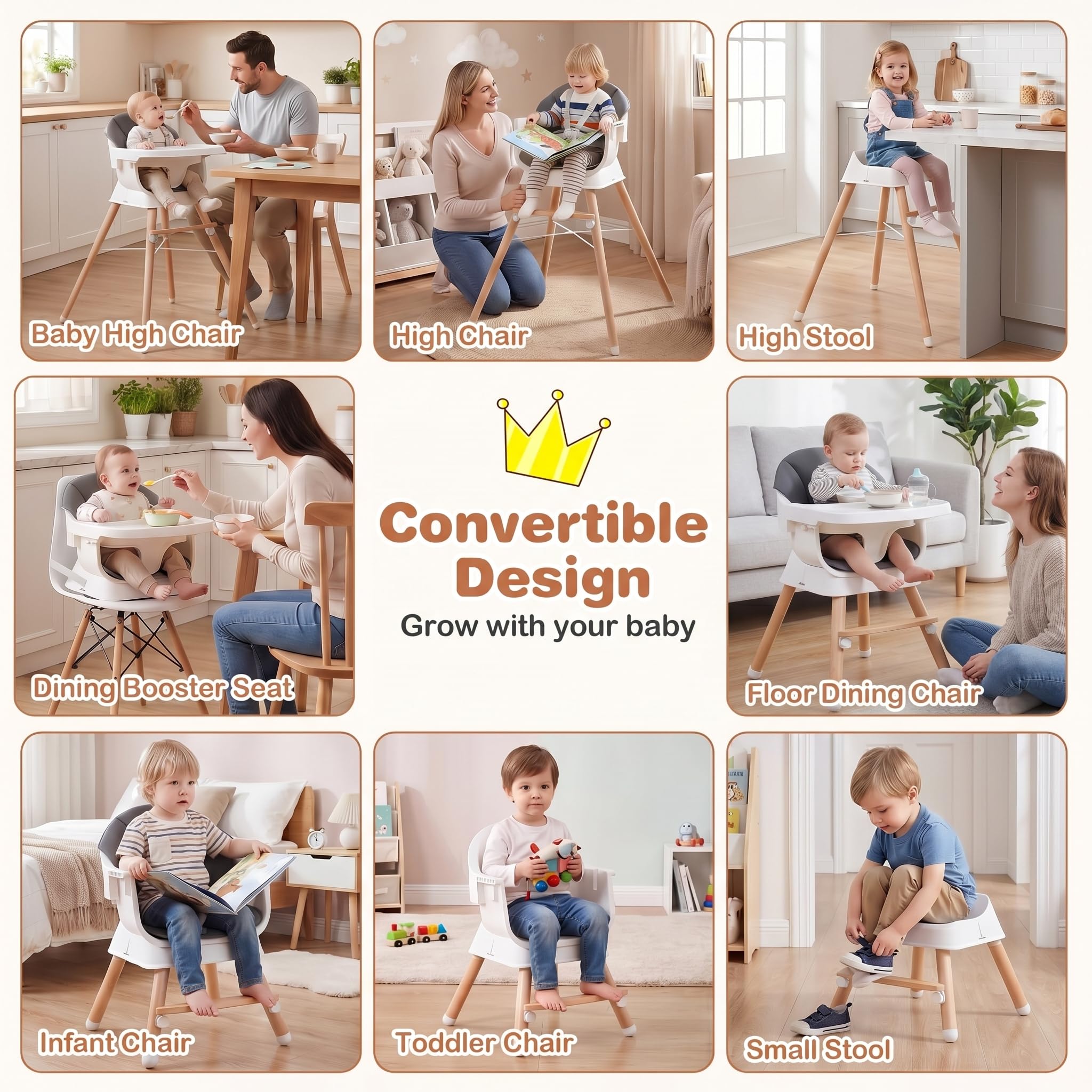 LIFEZEAL Trona para Bebés y Niños Pequeños, Trona Infantil Multifuncional de Madera Maciza, con Reposapiés y Bandeja Ajustables, Equipada con Cinturón de Seguridad, Apta para Bebés de 6 a 36 Meses