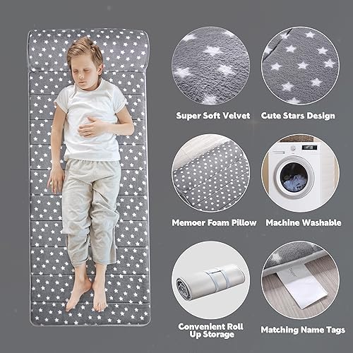 Miniatura 2 de BALAPET Tapete de espuma viscoelástica para siesta con etiqueta de nombre, tapete de dormir portátil para guardería con almohada extraíble para