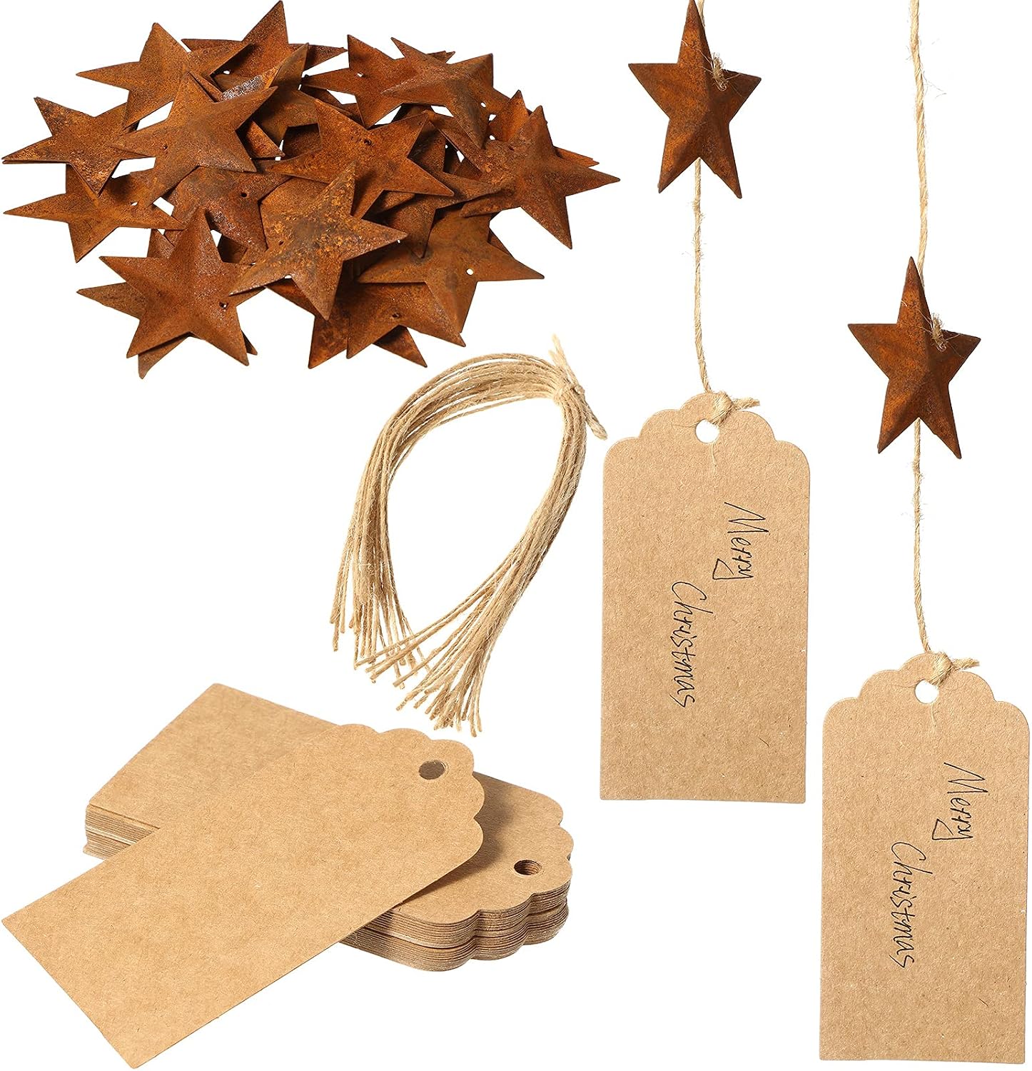 Janinka 60 Pieces Christmas Kraft Paper Tags and Rusty Metal Stars Rustic Vintage Mini Stars Blank Brown Cardboard Tags with 30 Pieces Twine for Arts Crafts Wedding Holiday Party Price Labels