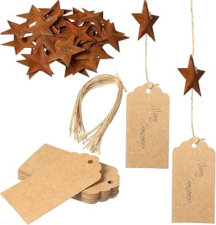 Janinka 60 Pieces Christmas Kraft Paper Tags and Rusty Metal Stars Rustic Vintage Mini Stars Blank Brown Cardboard Tags with 30 Pieces Twine for Arts Crafts Wedding Holiday Party Price Labels