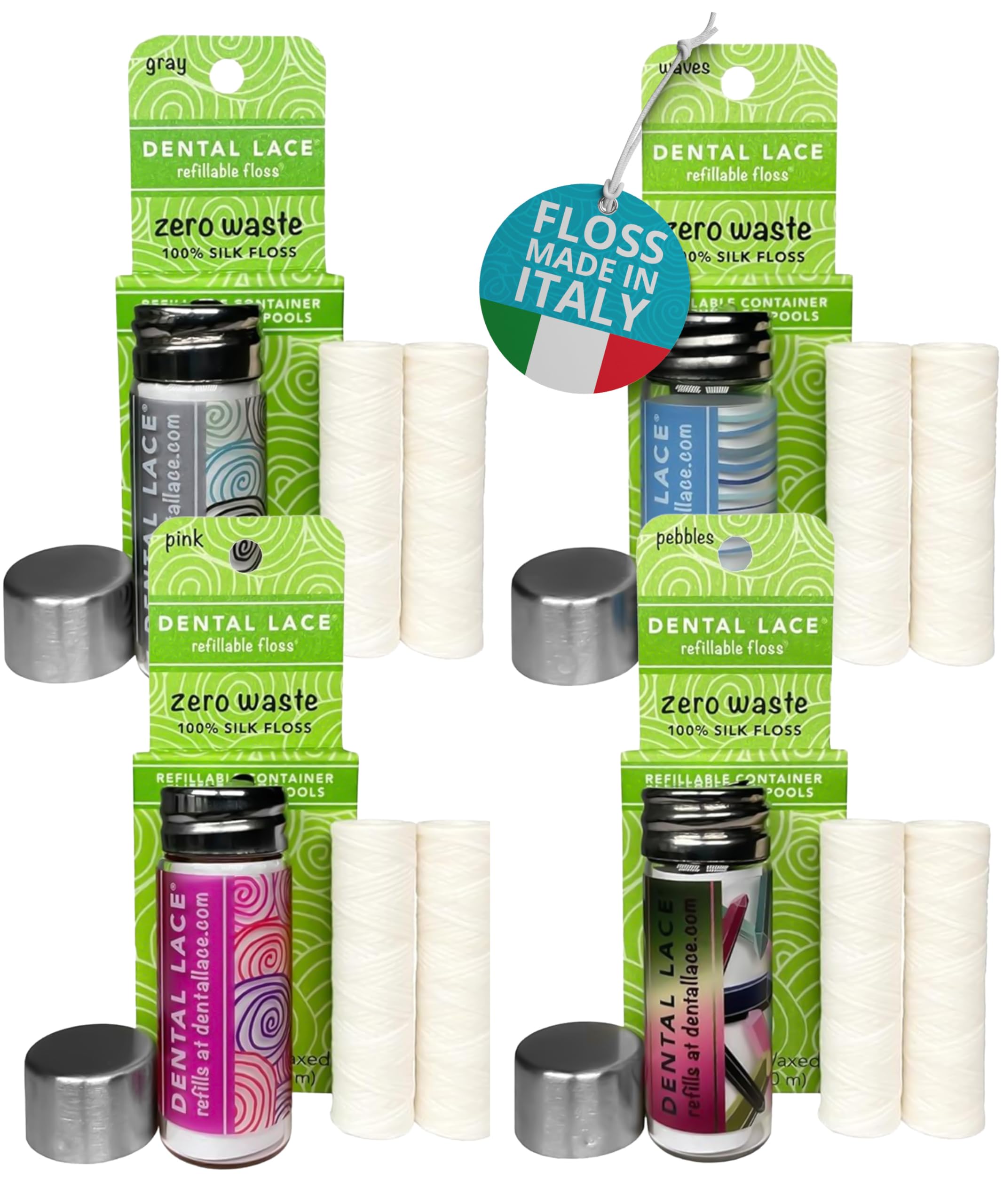 Dental Lace Refillable Silk Dental Floss Multi-Color Glass Containers - 100 Silk Floss with Mint Flavor PFAS PTFE