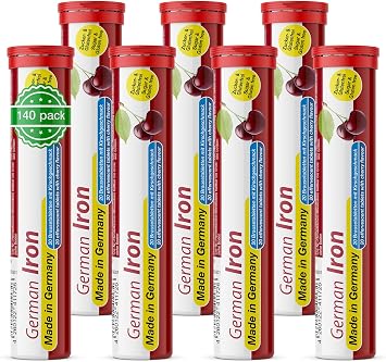 German Iron Effervescent Tablets Pack of 140 Cherry Flavour 14 mg Iron Sugar-Free Vegan T&D Pharma German Iron Made in Germany