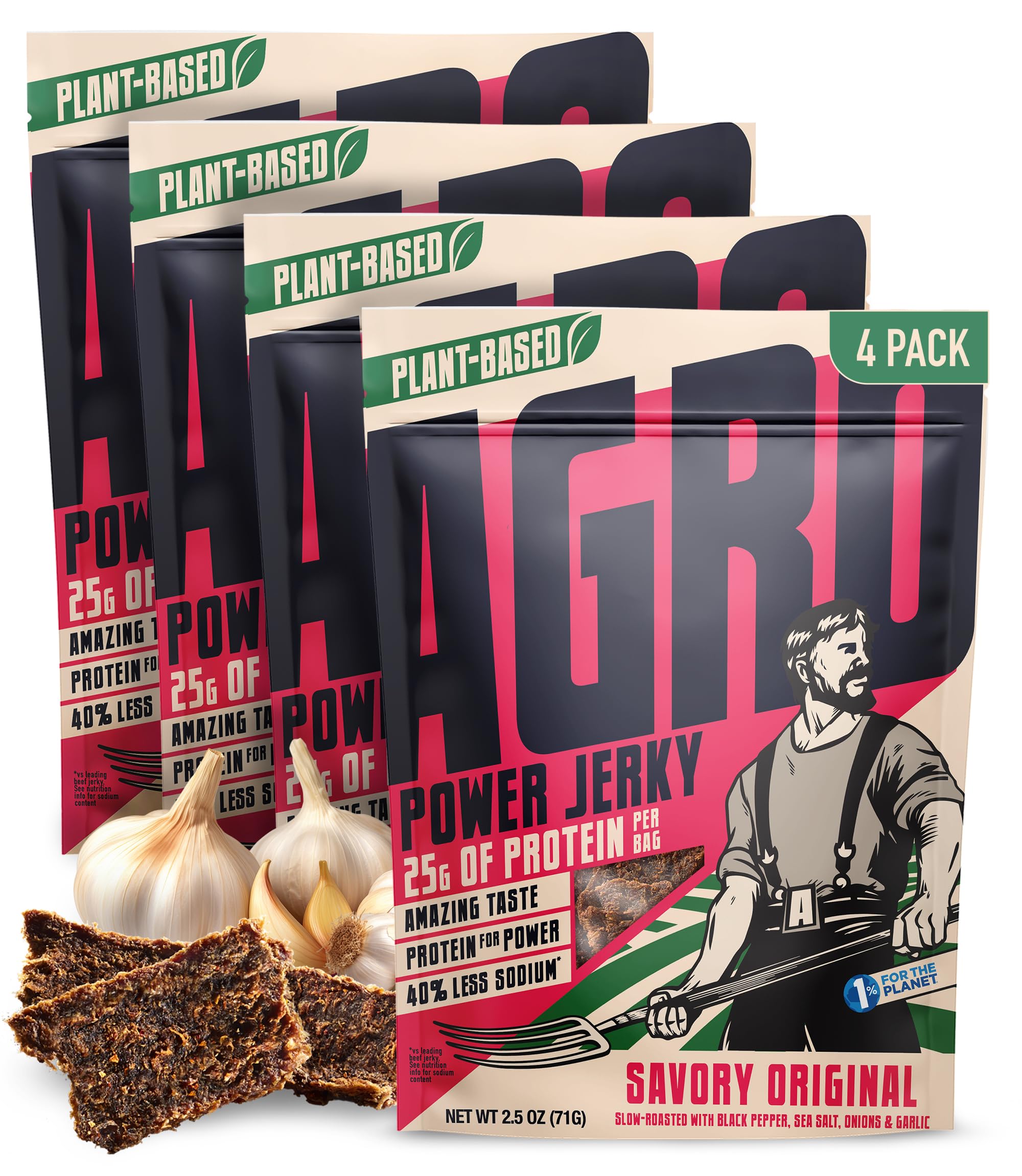 AGRO POWER Vegan Jerky - Savory Original Flavor – Delicious, Non-GMO Certified Vegetarian Jerky with 25 Grams of Plant-Based Protein and 40% Less Sodium. High Protein Vegan Snacks - 4 Pack Set