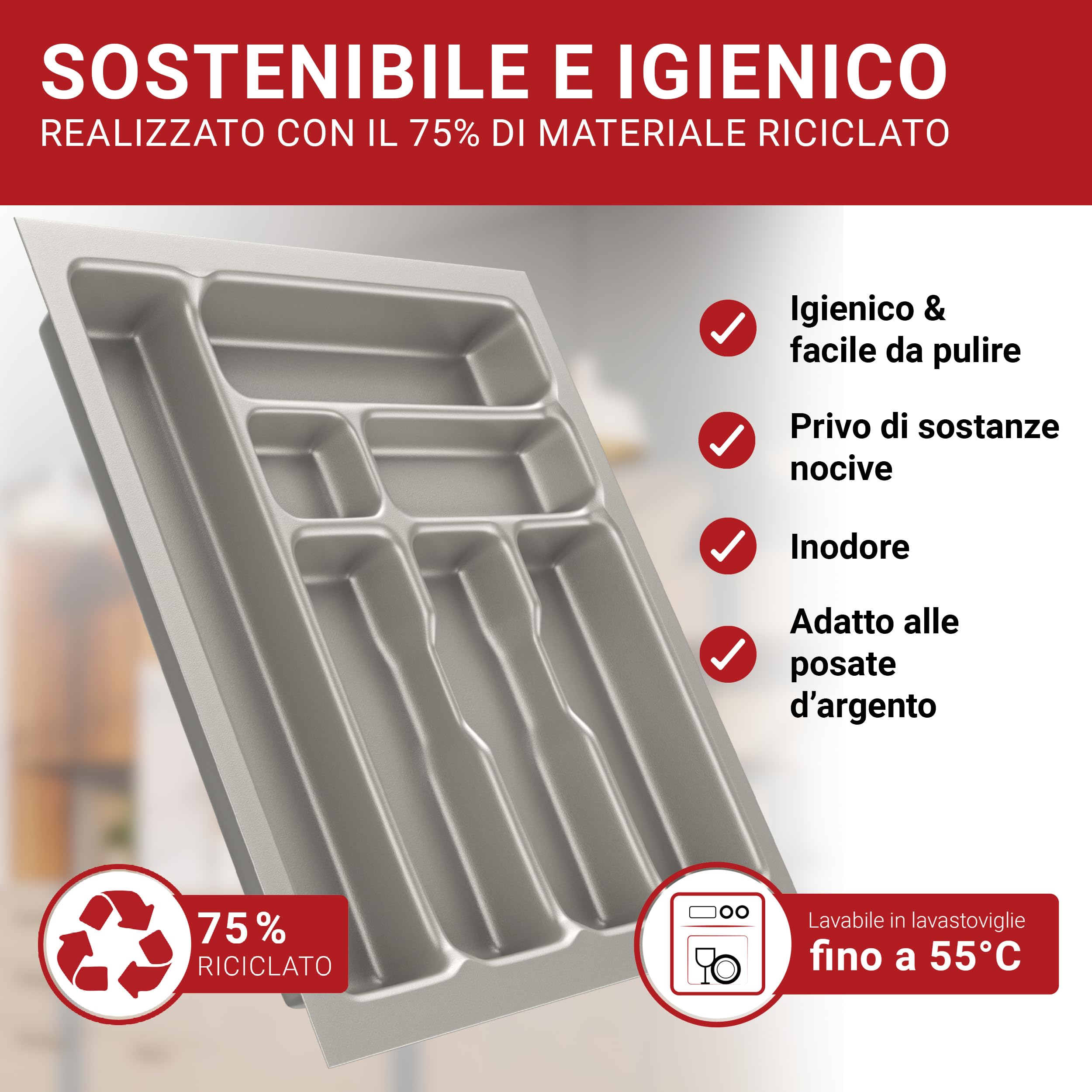 LouMaxx Portaposate per cassetti larghi cm, portaposate cm, prodotto in Germania, grigio con scomparti e angoli stabili, infrangibile e durevole (grigio argento, 47,3 x 42,6 cm - 7 scomparti)