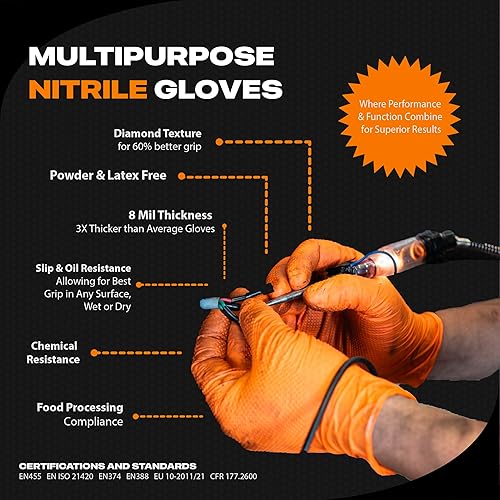 Miniatura 5 de GRIPXX Herkules Grip - Guantes de nitrilo naranja resistentes de 8 mil, textura de diamante elevado 3D, sin látex y polvo, industrial, mecánico