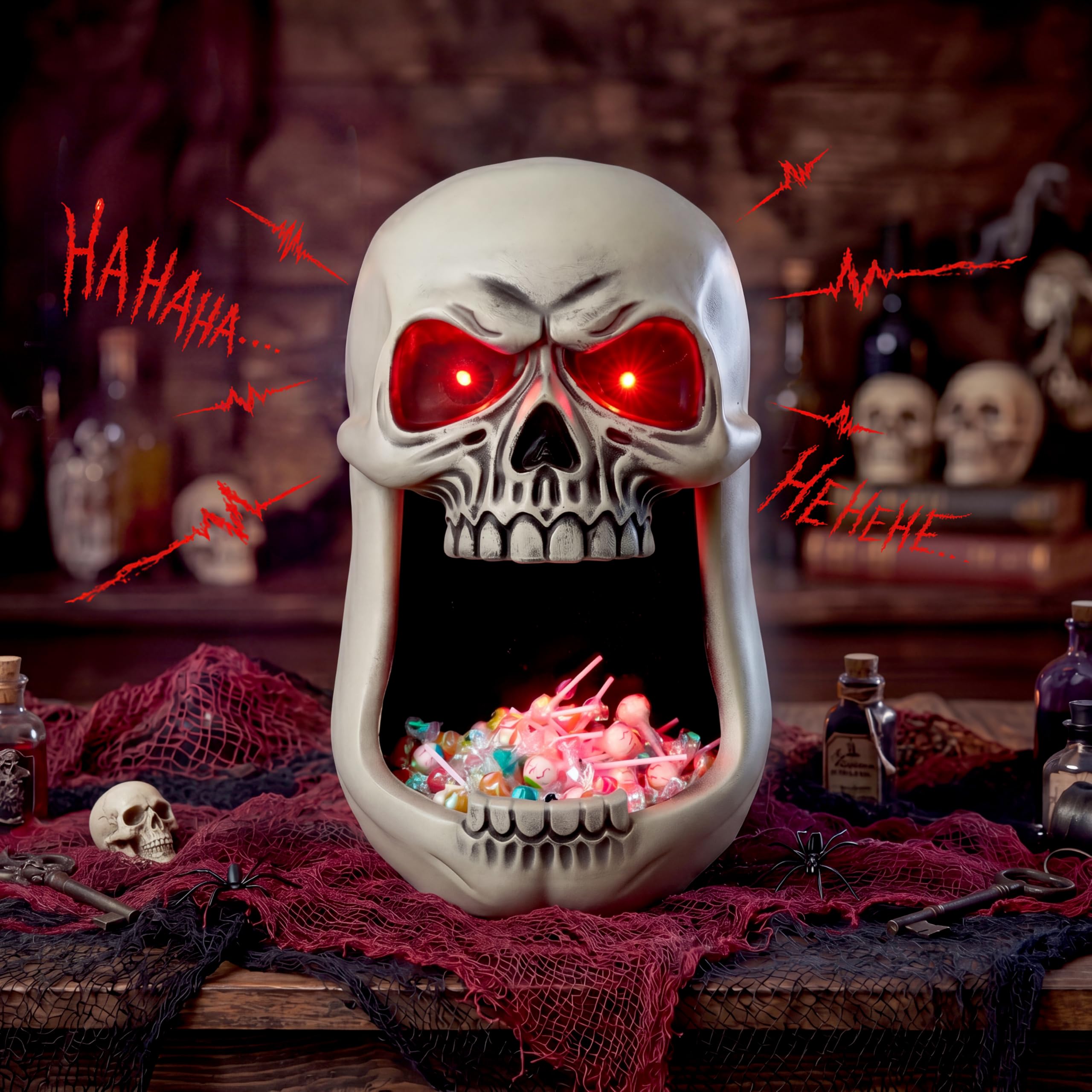 JOYIN Halloween Skull Candy Bowl, Light Sensing Hanging Light-Up Bowl with Spooky Sound Effects & Glowing Eyes, Spooky Indoor Outdoor Decor for Trick or Treat Party Supplies
