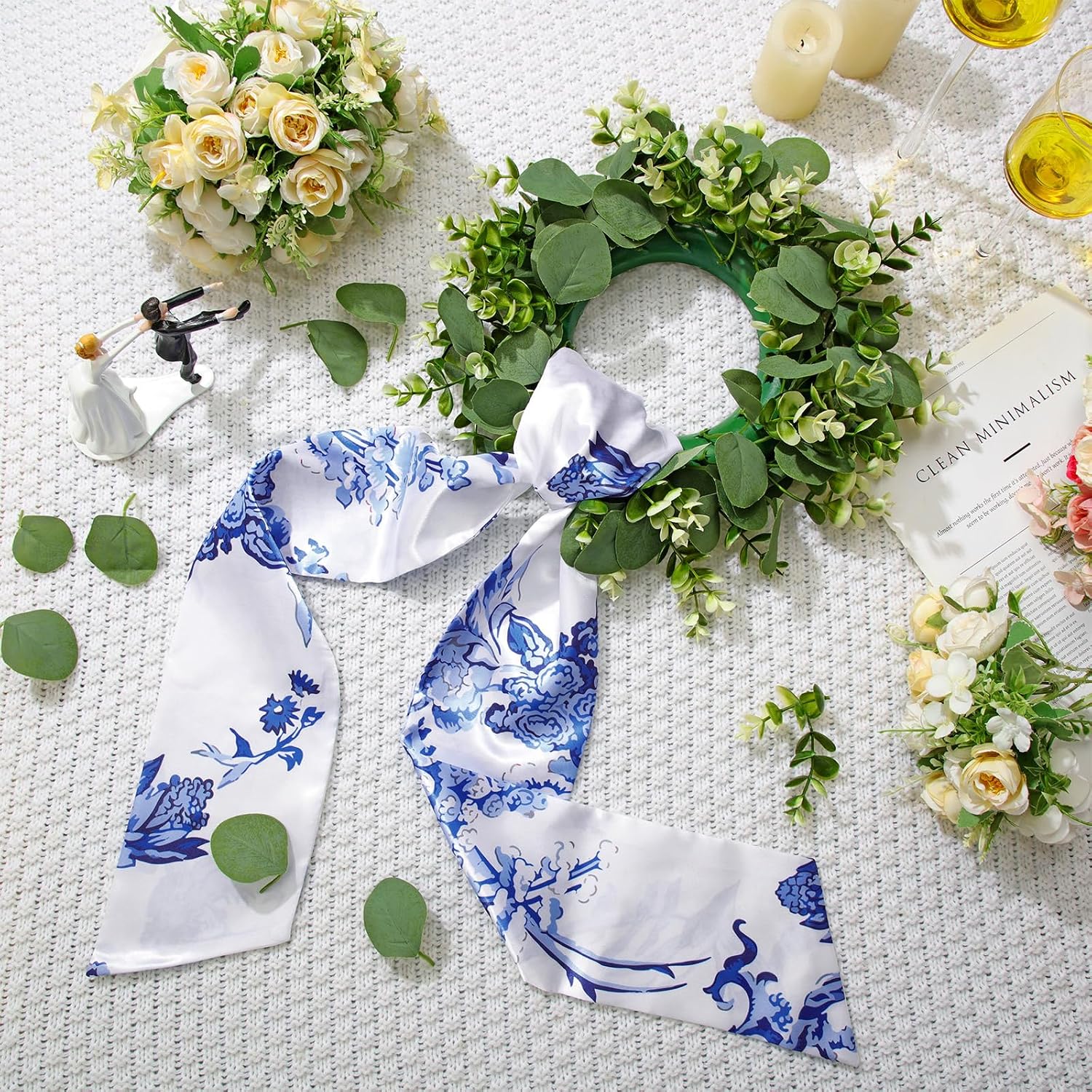 XunYee 6 Pcs Wreath Sash for Front Door Wreath Sash for Embroidery Monogram Garland Decor Accessories Wedding 4th of July Party Yard Indoor Outdoor Wall Cabinet Kitchen (Chinoiserie)