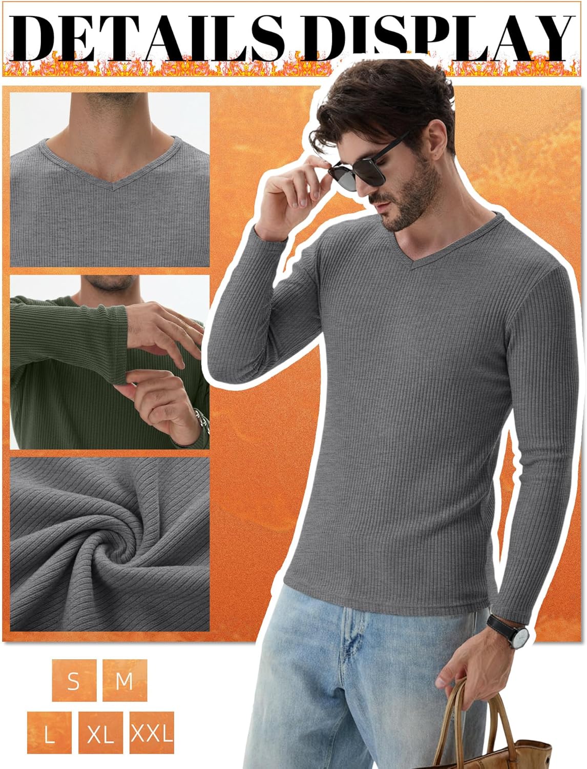 5 Pack Men's Ribbed Thermal Shirts Cotton Long Sleeve V Neck Tops Slim Fit Pullover Undershirt Winter Base Layer - Image 2
