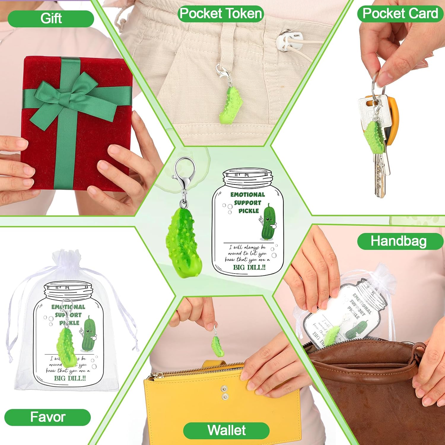 Nosiny 24 Set Positive Pickle Gifts Set, Emotional Support Pickle Mason Jar Cards Cute Keychains White Organza Bag for Employee Coworkers Friends Inspirational Appreciation Gifts