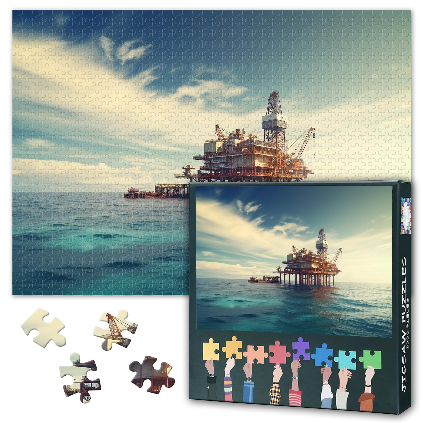 Jigsaw Puzzle 1000 Piece Set for Adults Offshore Oil Platform Petroleum Gas Production Industrial Equipment Ocean Engineering Wall Art 27.5x19.7 Inch