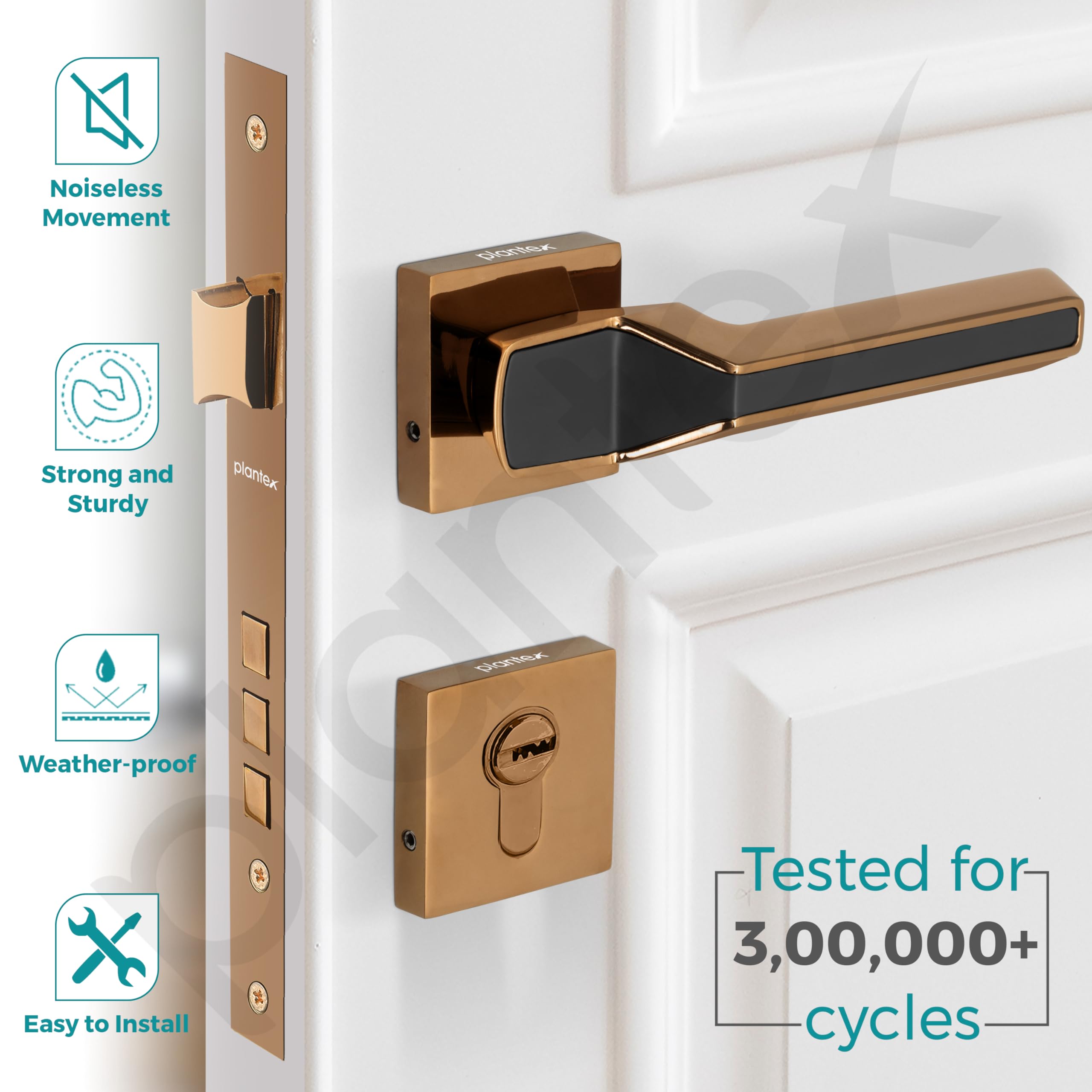 Plantex Mortise Lock - Rose Gold & Black Handle Set -2