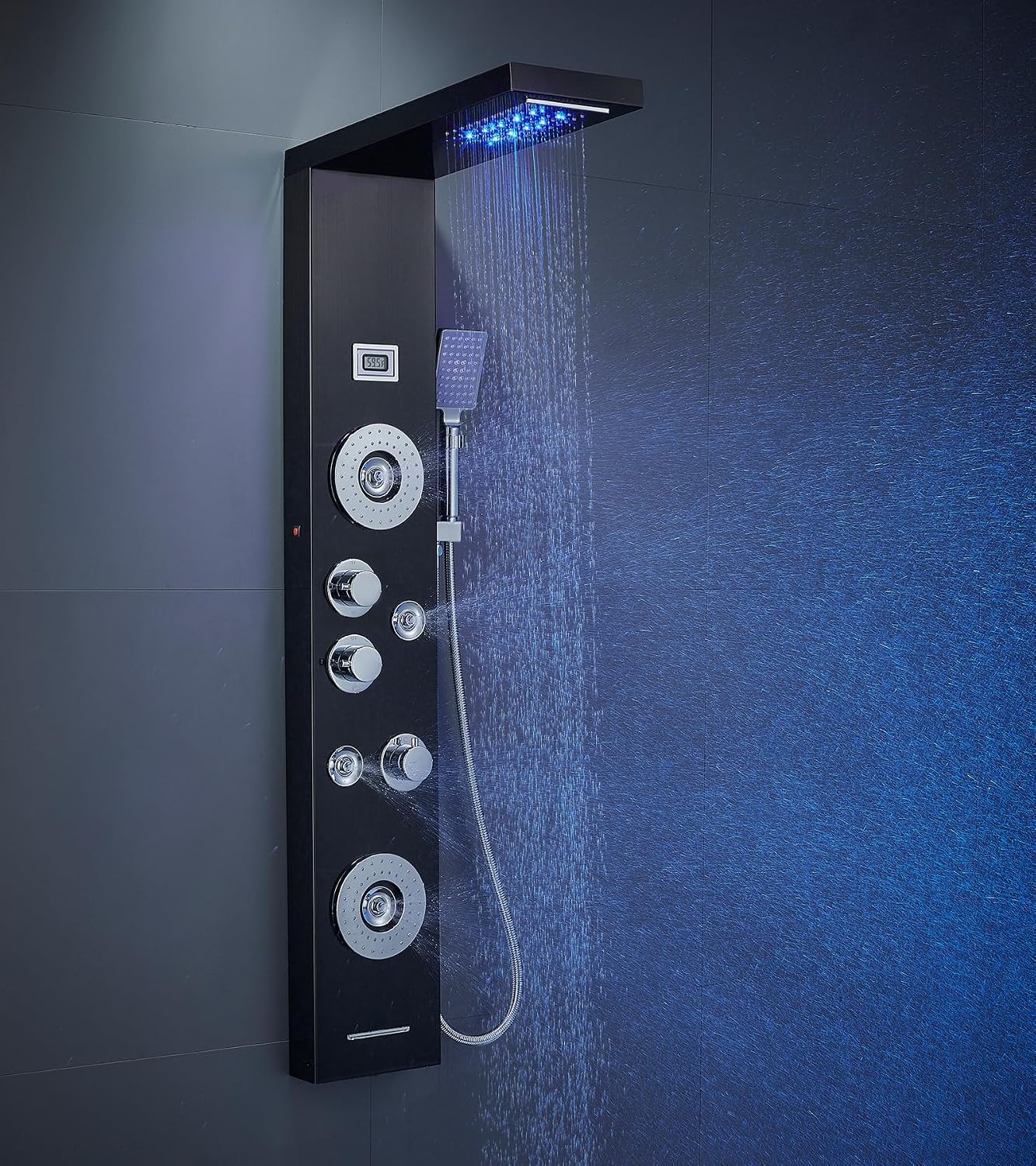 LED Stainless Steel 304 Shower Panel with 5 Functions Massage Jets Rain Shower Waterfall Hand Shower Bath Spout for Bathroom Wall Mounted Shower System Black