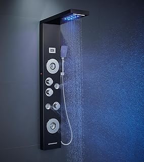 LED Edelstahl 304 Duschpaneel mit 5 Funktion (Massagedüsen Regendusche Wasserfall Handbrause Badewanne Auslauf für Badezimmer) Wandmontage Duschsystem,Schwarz