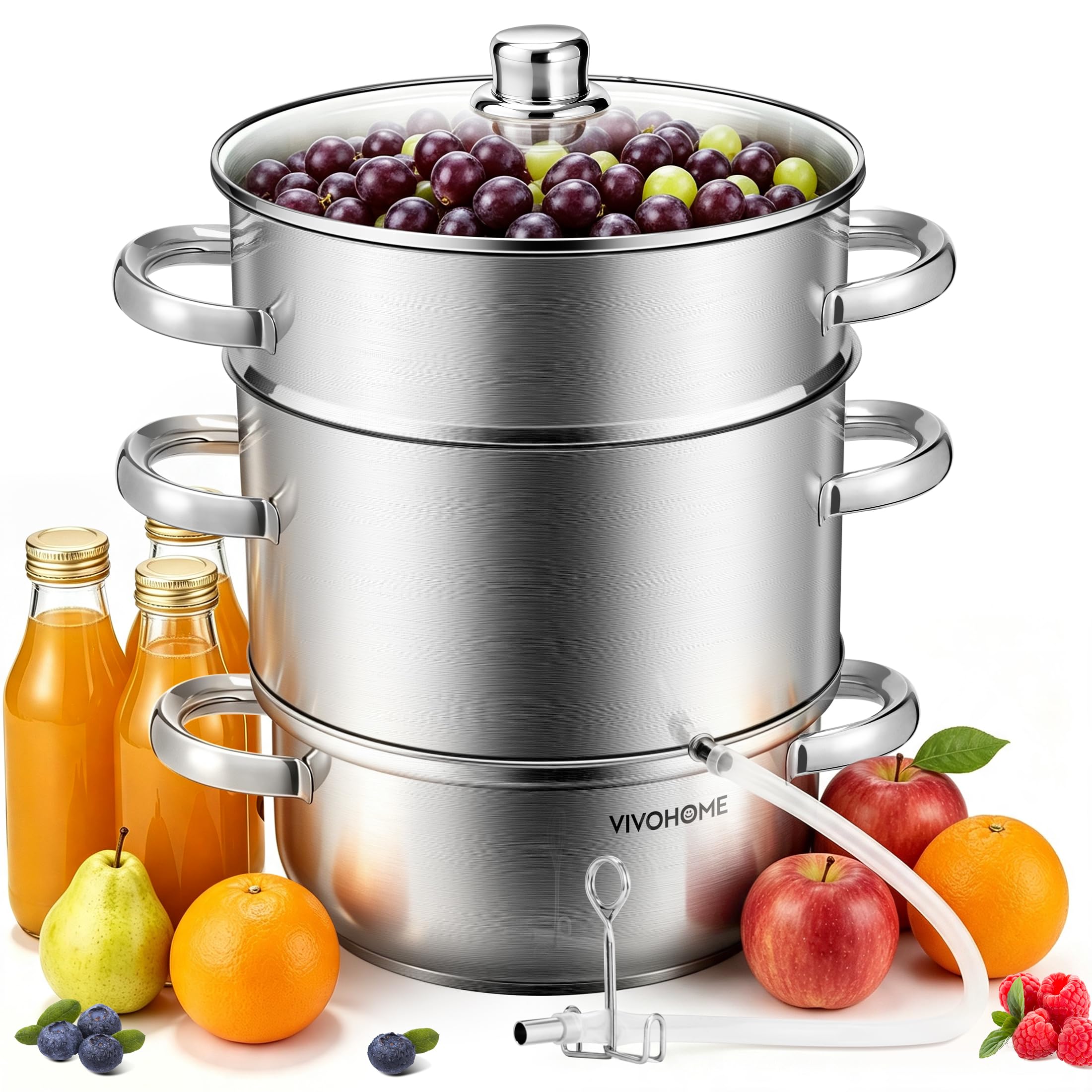 VIVOHOME Exprimidor de Vapor con Tapa de Vidrio 8L Extractor de Frutas | Ø 26cm, Acero Inoxidable, Verduras Casero con Tubo, Apto para Lavavajillas, para Todas las Cocinas, incluida Inducción
