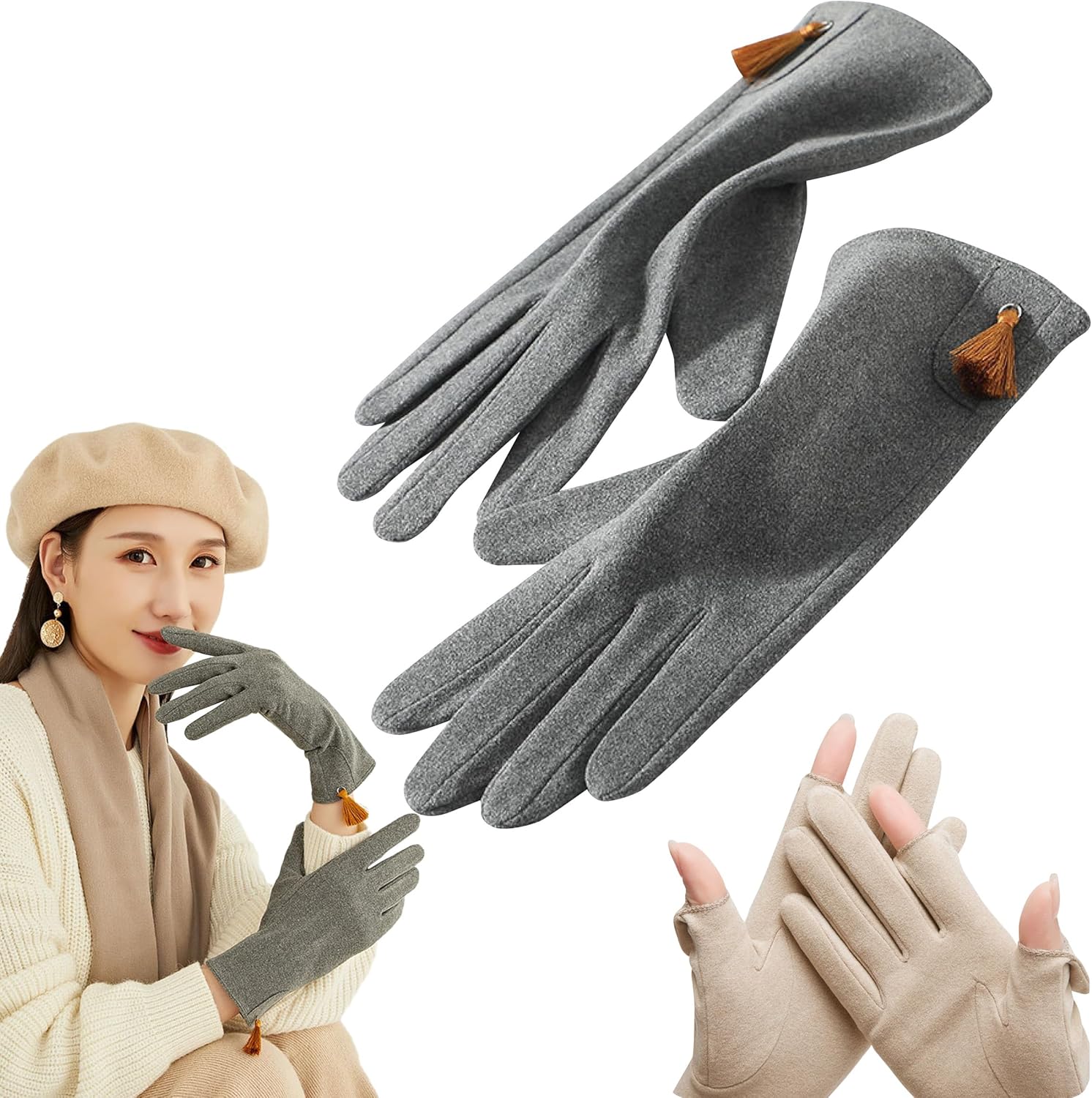 [ourmom's] レディース 手袋 防寒 スマホ対応 指紋認証 おしゃれ 指出し 指なし 暖かい 秋冬 防風 通勤 通学 親指 シンプル かわいい 大人 上品 女性 プレゼント クリスマス 誕生日