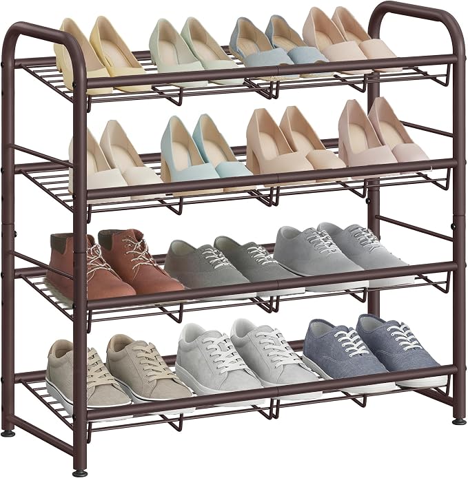 SONGMICS Stackable Shoe Rack, 4 Tier Metal Shoes Rack Storage Shelf, Holds up to 16 Pairs Shoes, Adjustable Slanted Shelves Tower Organizer for Closet Entryway Small Spaces, Bronze