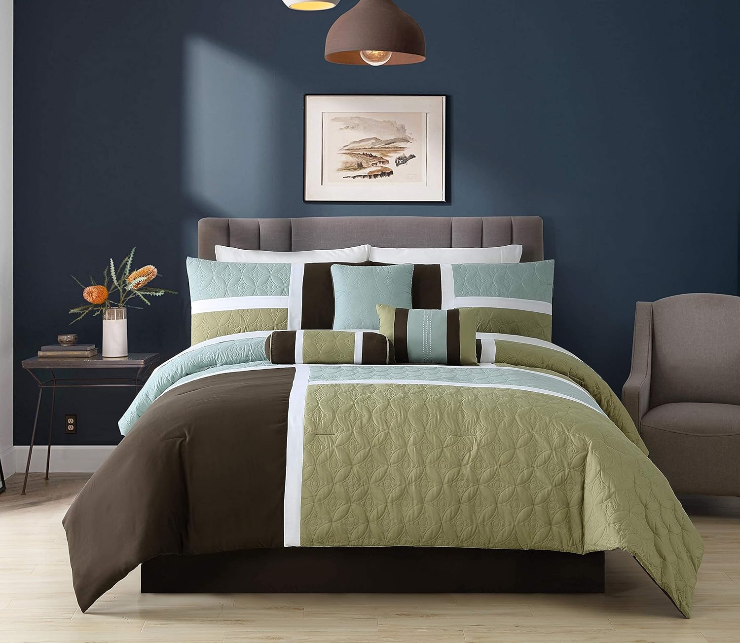 Chezmoi Collection 7-Piece Quilted Patchwork Comforter Set, Coffee Brown/Aqua Blue/Sage Green, Full Full Coffee Brown/Aqua Blue/Sage Green