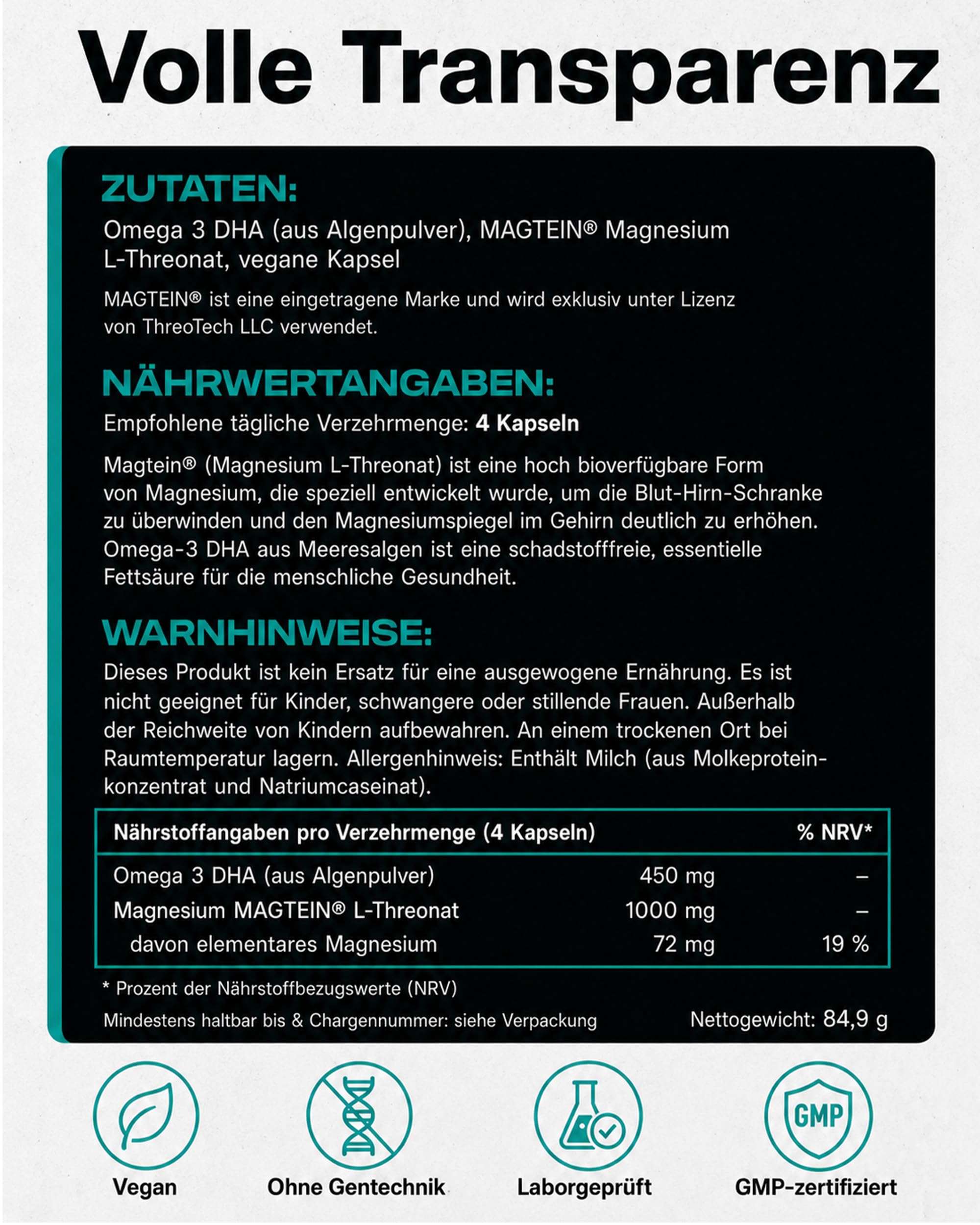 MindBoss Omega-3 DHA Vegan + Magtein Magnesium L-Threonat - Gehirn & Kognition Supplement - Algen-Quelle - ISO 17025 Geprüft - 120 Kapseln