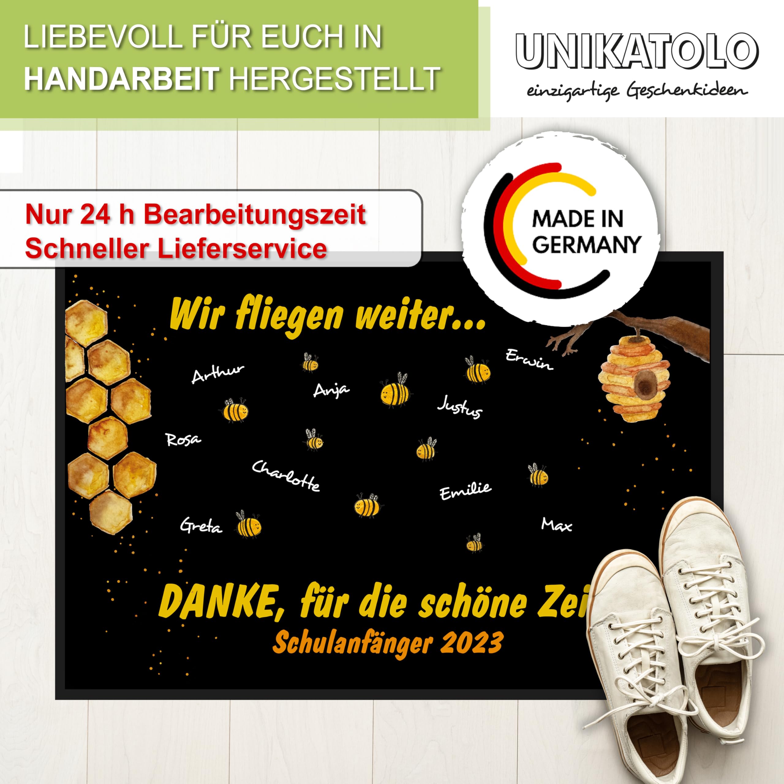 Fußmatte Kita Abschiedsgeschenk Motiv mit Namen und Text personalisiert- Erzieherin, Lehrer, Kindergarten, Schulanfang, Geschenk, Teppich, Fußabtreter, Vorleger (105 x 70 cm) Bienen