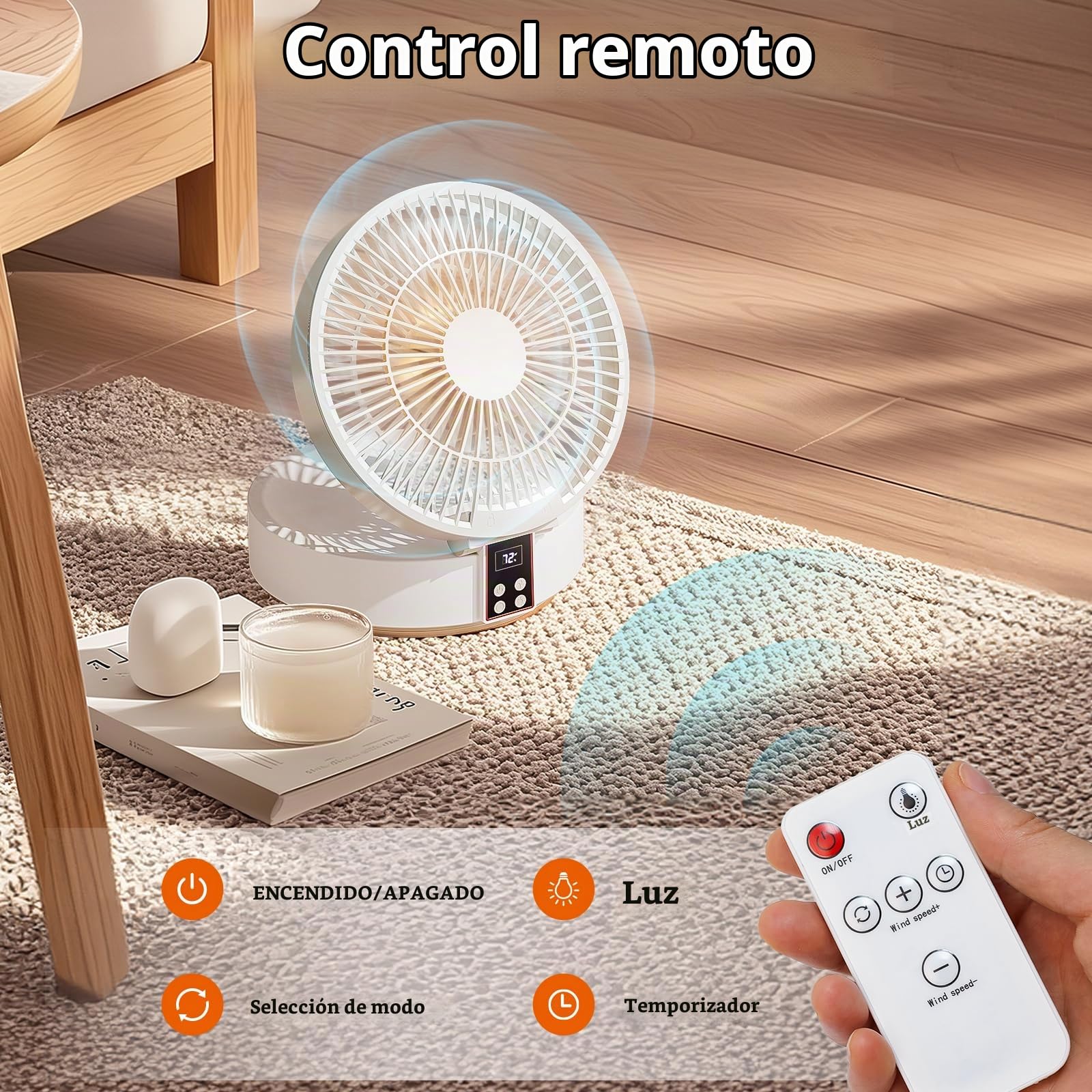 Ventilador de Mesa, Ventilador Silencioso Potente con Mando a Distancia, Auto Oscilación, 3 Velocidades, Ventiladores de Sobremesa Recargable para Oficina, Dormitorio y Cámping - Blanco