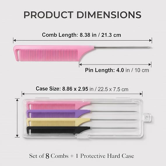 Schembo 8-Pack Rat Tail Combs Set with Stainless Steel Pin in box