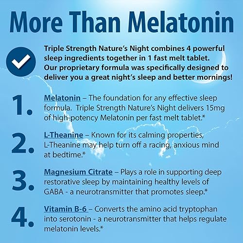 Miniatura 6 de Nature's Night Melatonina de triple fuerza de disolución rápida de 15 mg con mezcla de apoyo | Sabor a naranja natural | 90 unidades | Sin azúcar,