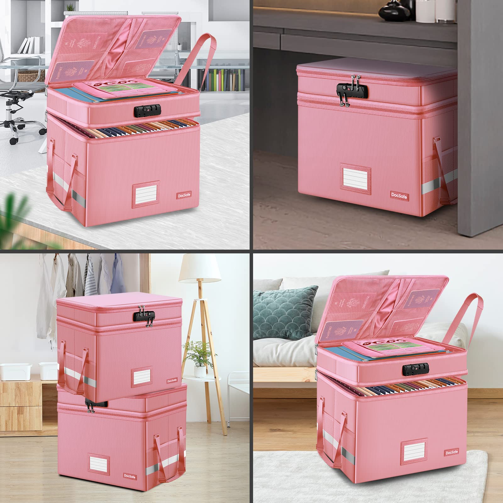 DocSafe Aktenbox mit Schloss, mehrlagige, feuerfeste Dokumentenbox, faltbarer Aktenordner mit Taschen/Griff, zum Aufhängen von Briefen/legalen Größen, Rosa