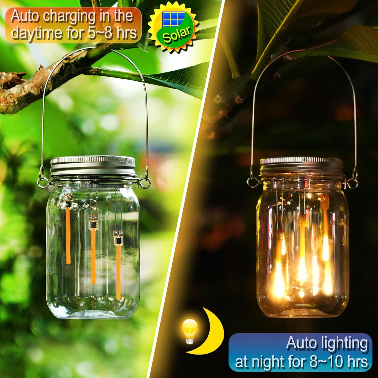 Solar Mason Jar Fairy String Lights,4-Pack(Plastic Mason Jars Include) Solar Powered Glass Outdoor Hanging Lamps Lighting,Waterproof LED Flame Dancing Lights for Garden Patio
