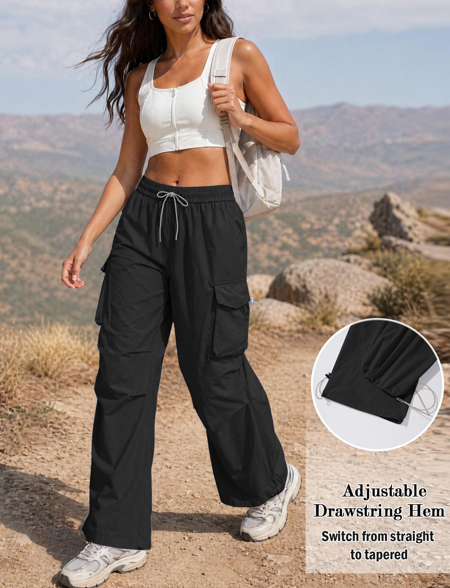 FEOYA Pantalon de randonnée pour femme - Imperméable - Séchage rapide - Pantalon d'extérieur - Jambe large - Pantalon cargo - Baggy - Pantalon parachute - Taille haute - Pantalon de trekking