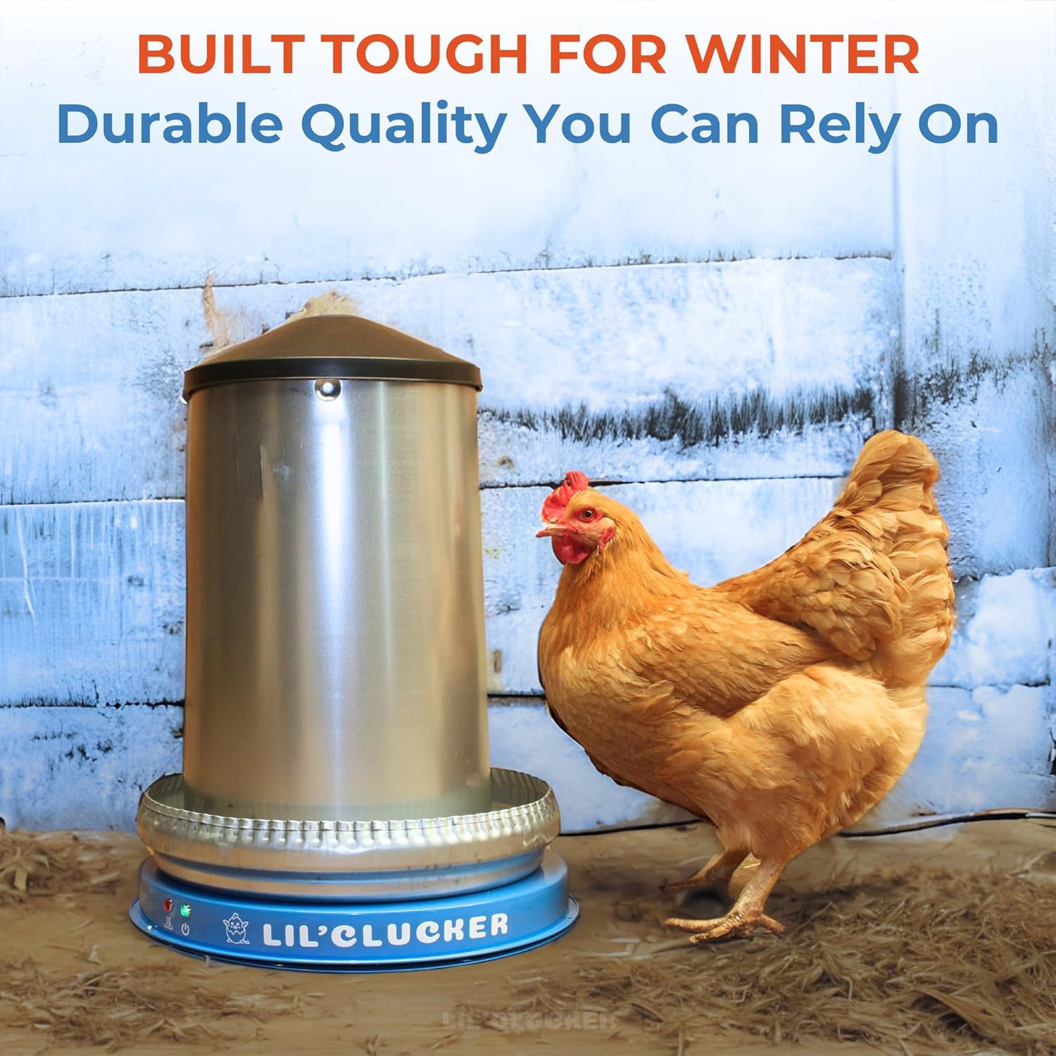 Lil'Clucker Heated Base for Chicken Waterer – Automatic Metal Freeze Proof Heated Chicken Waterer with Heater & LED – Poultry Heated Waterer for Winter (Blue, 11 Inch)